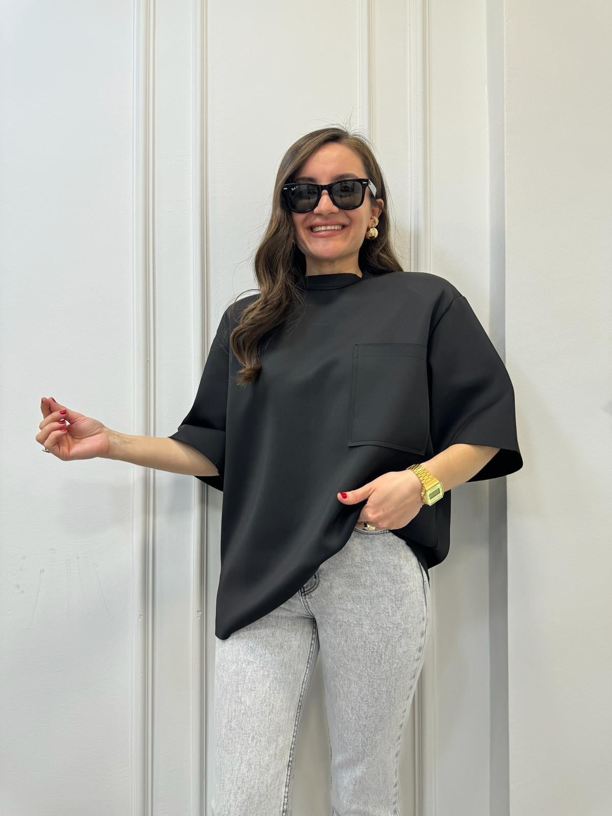 Siyah Tek Cepli Scuba Kumaş Arka Zincirli Oversize Tişört 4010