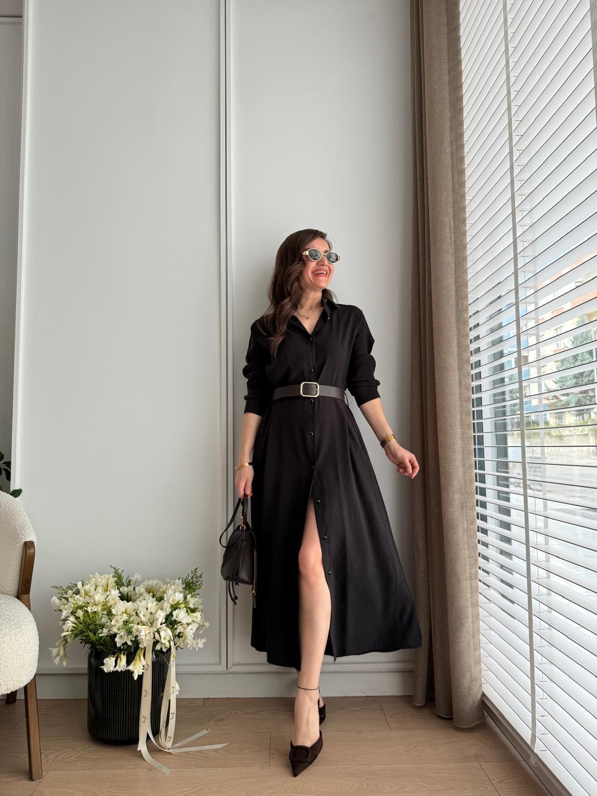 Siyah Tensel Kumaş Kemerli Gömlek Elbise 580286