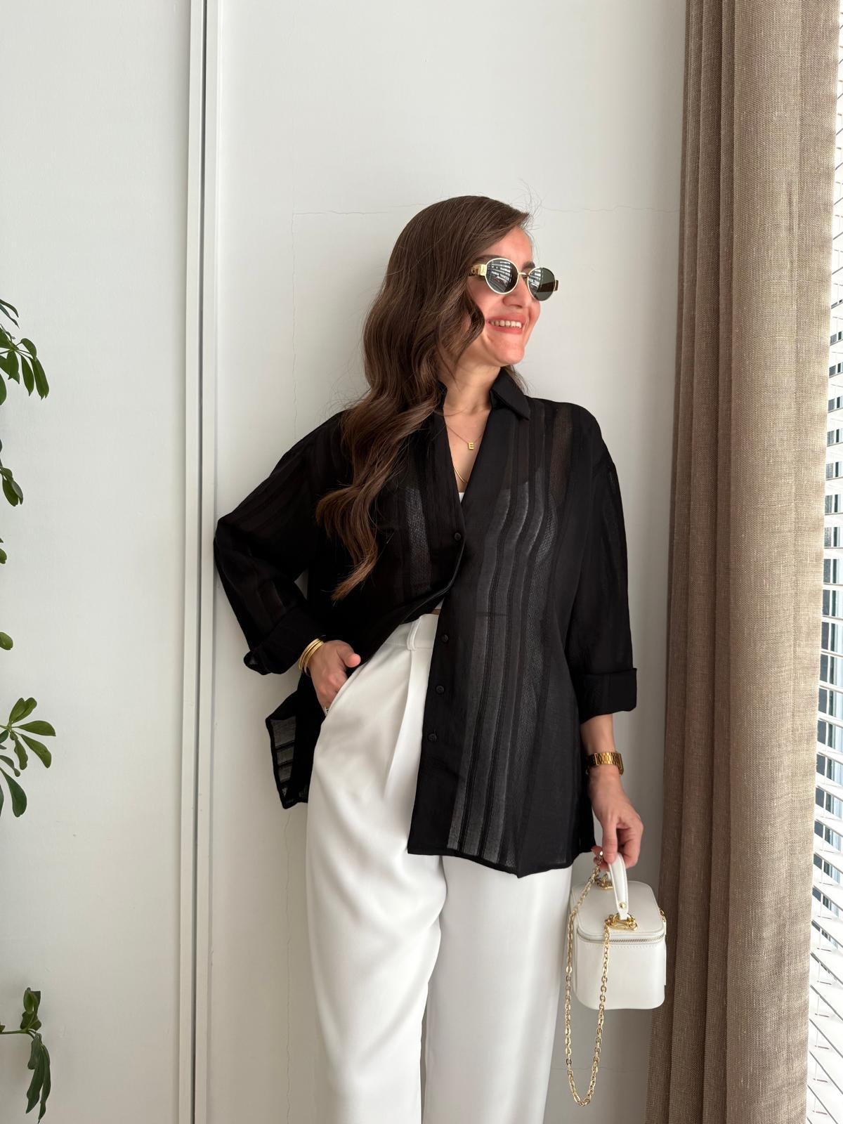 Siyah Transparan Oversize Gömlek 4914