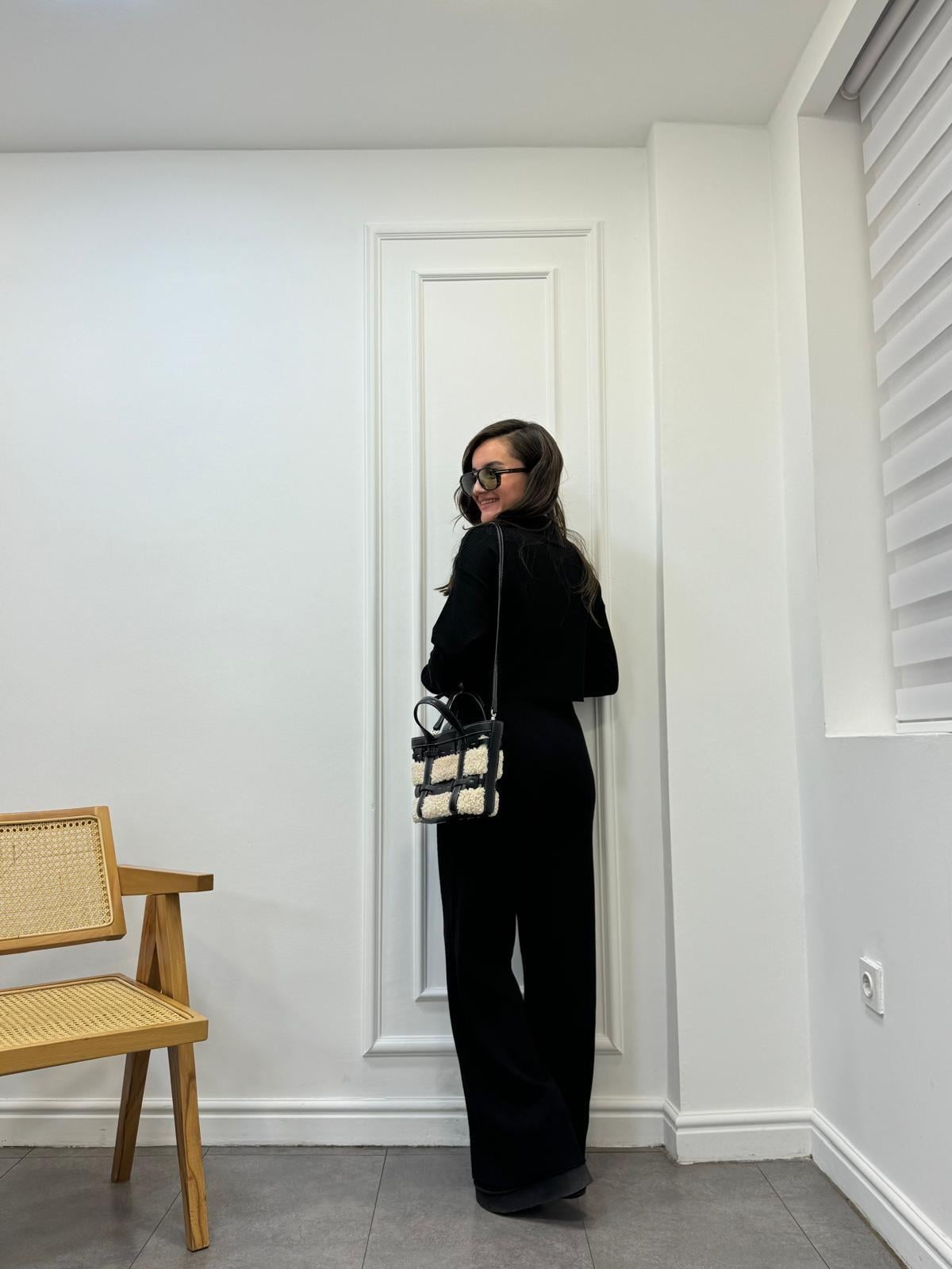 Siyah Triko Bluz Pantolon Fitilli Takım 4237