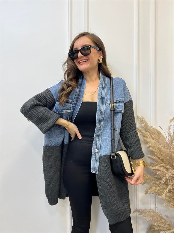 Siyah Triko Detaylı Denim Ceket 1011