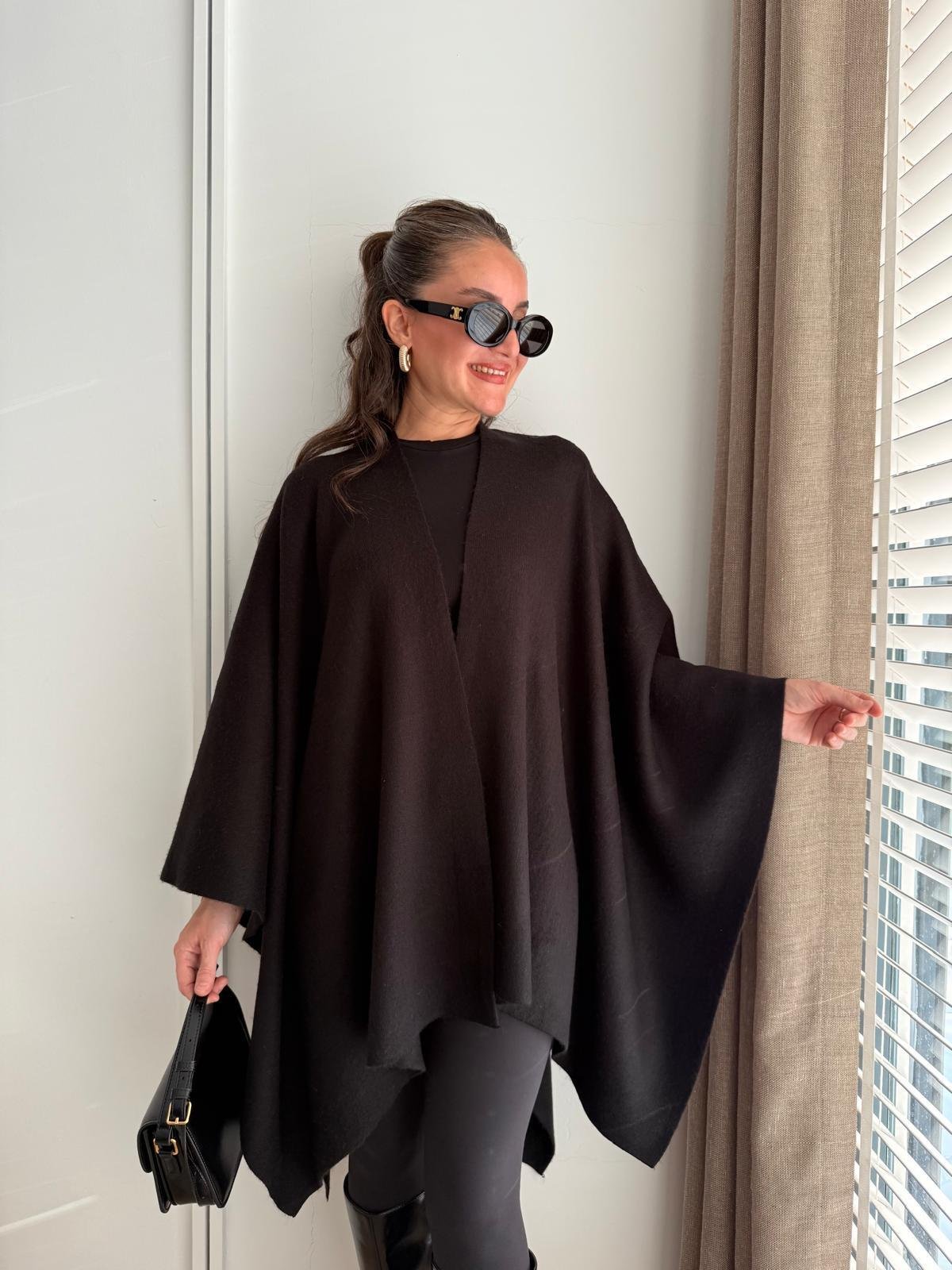 Siyah Triko Kemerli Uzun Panço 36840