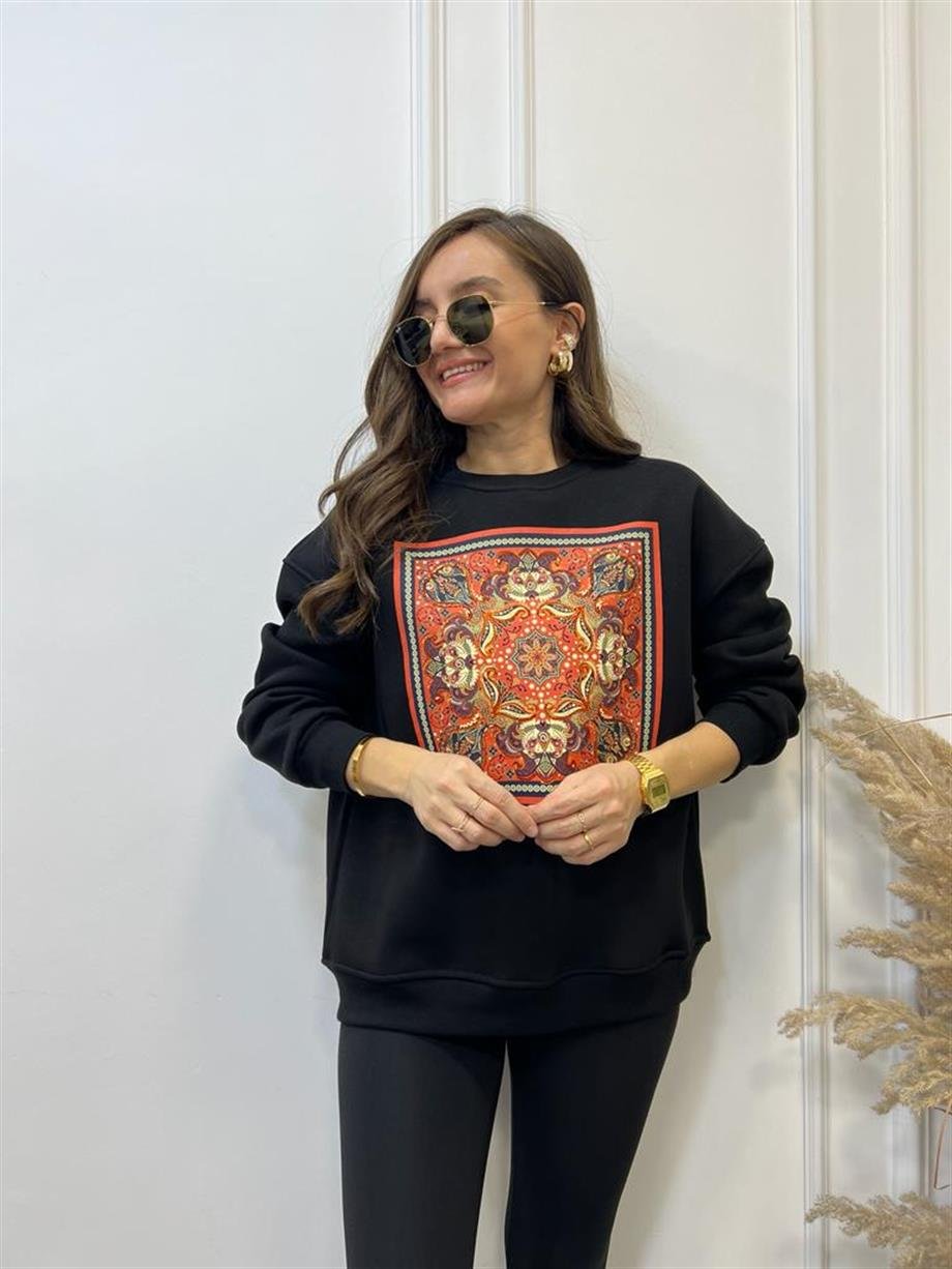 Siyah Turuncu Etnik Desen Baskılı Bisiklet Yaka Sweatshirt 5151