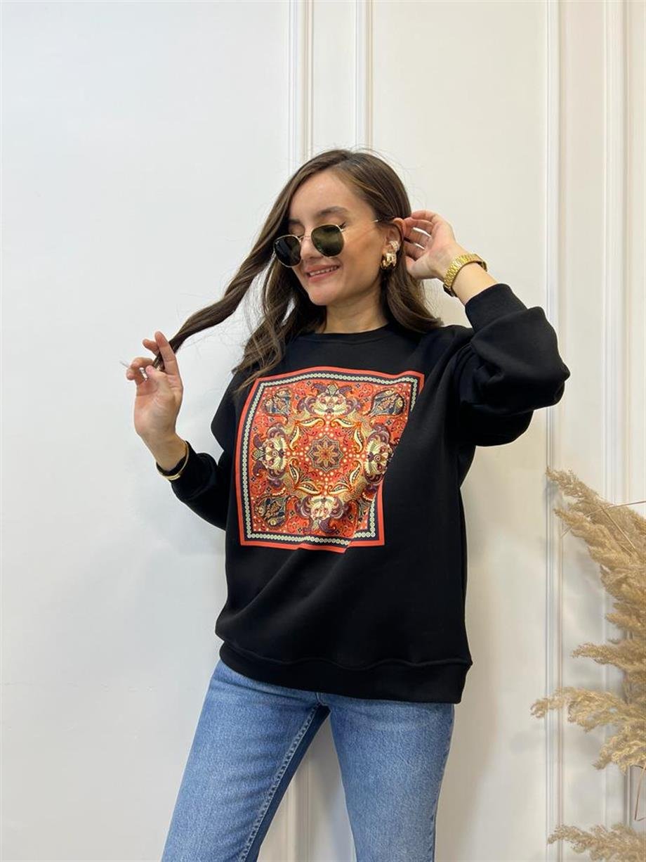 Siyah Turuncu Etnik Desen Baskılı Bisiklet Yaka Sweatshirt 5151