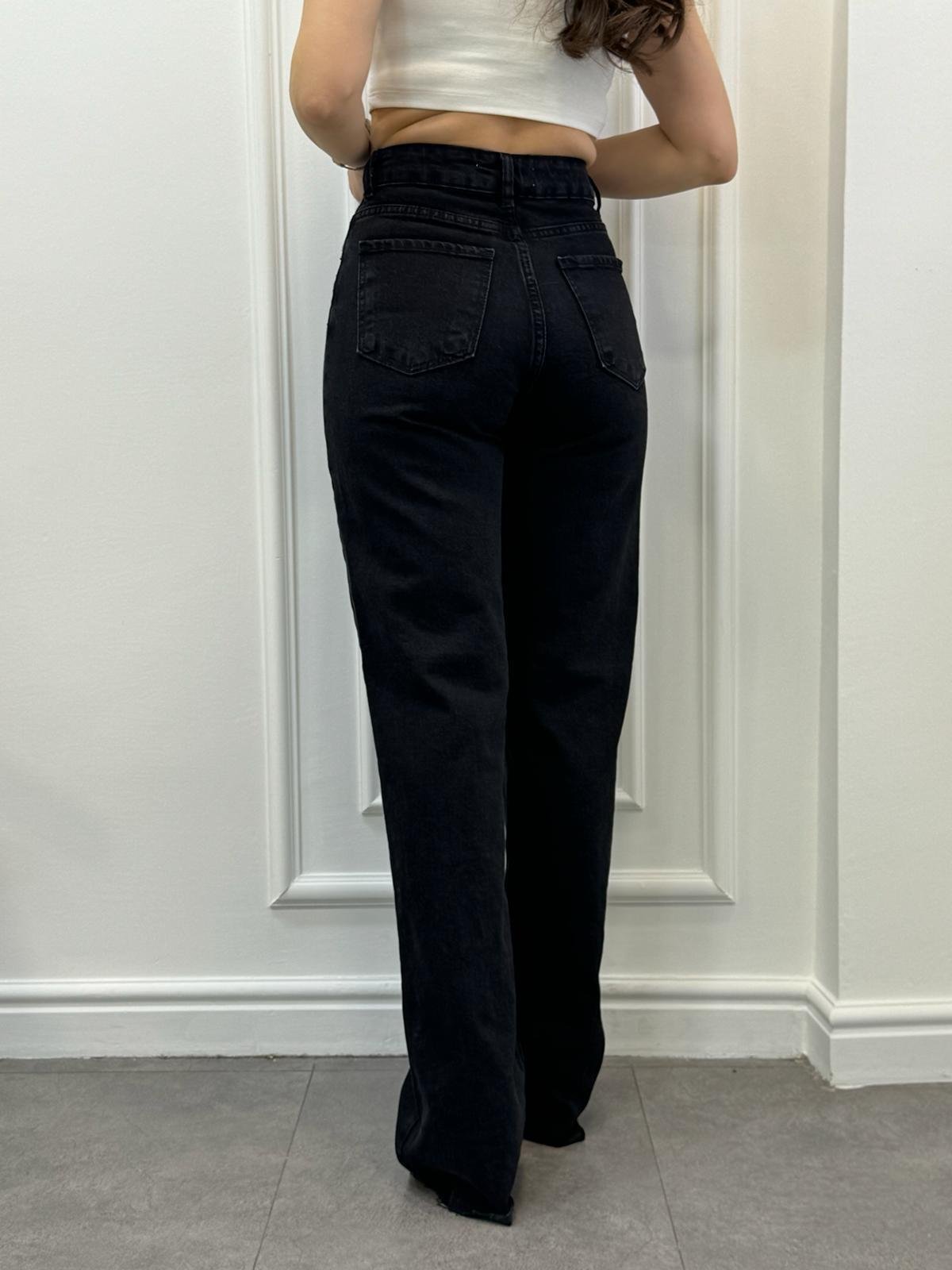 Siyah Ultra Yüksek Bel Paçası Kesik Straight Leg Jean 1010