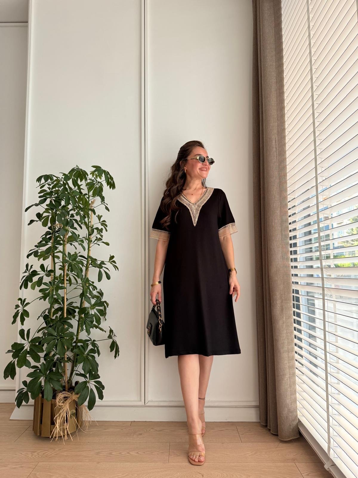 Siyah V Yaka Nakış İşlemeli Mini Boy Elbise 1824