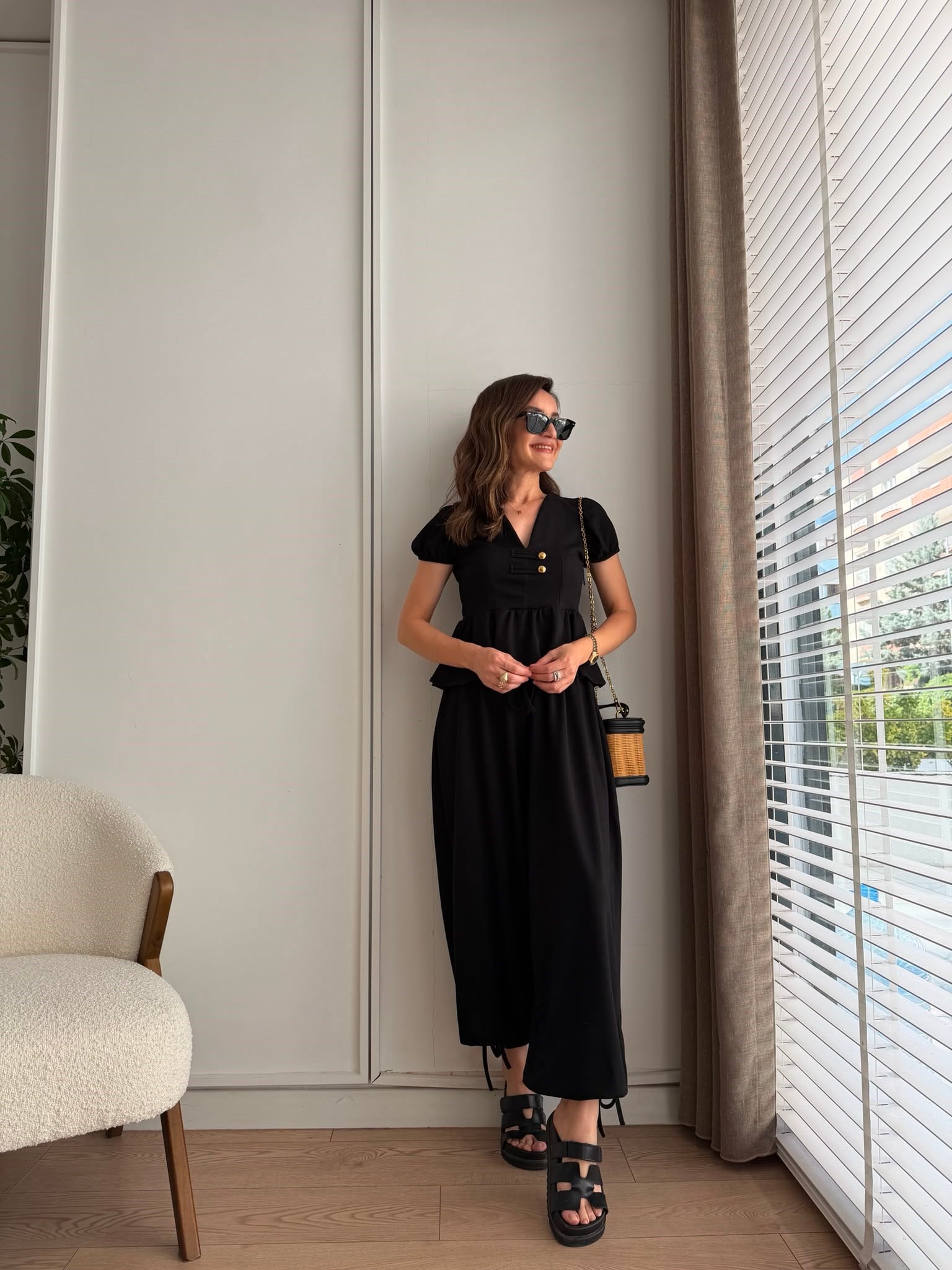 Siyah V Yaka Peplum Bluz Şalvar Takım 4165