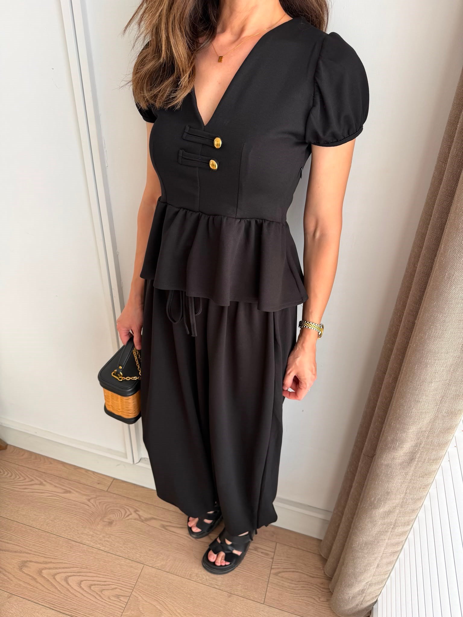 Siyah V Yaka Peplum Bluz Şalvar Takım 4165