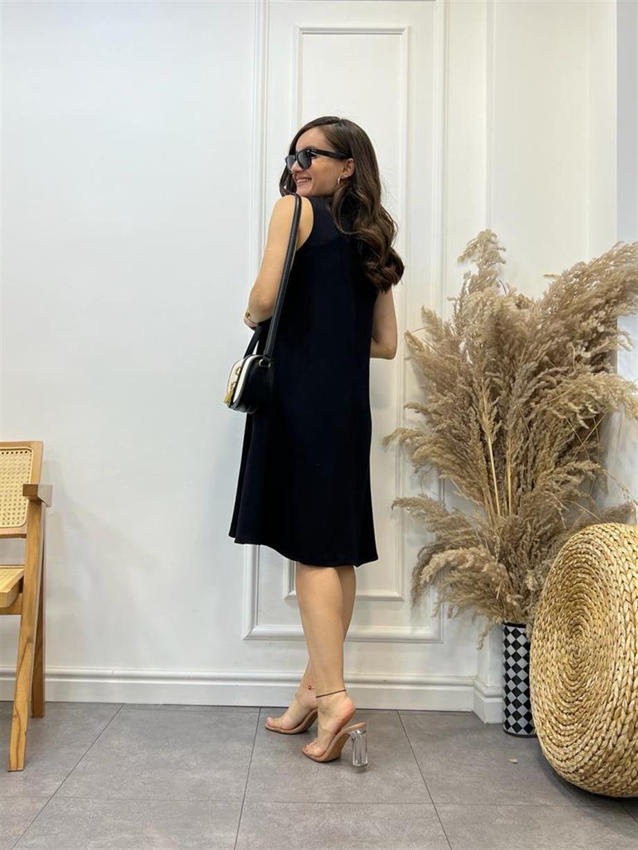 Siyah V Yaka Sıfır Kol Elbise 04
