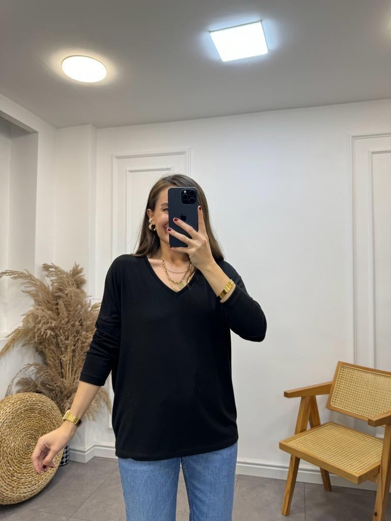 Siyah V Yaka Yumoş Triko Bluz 7590