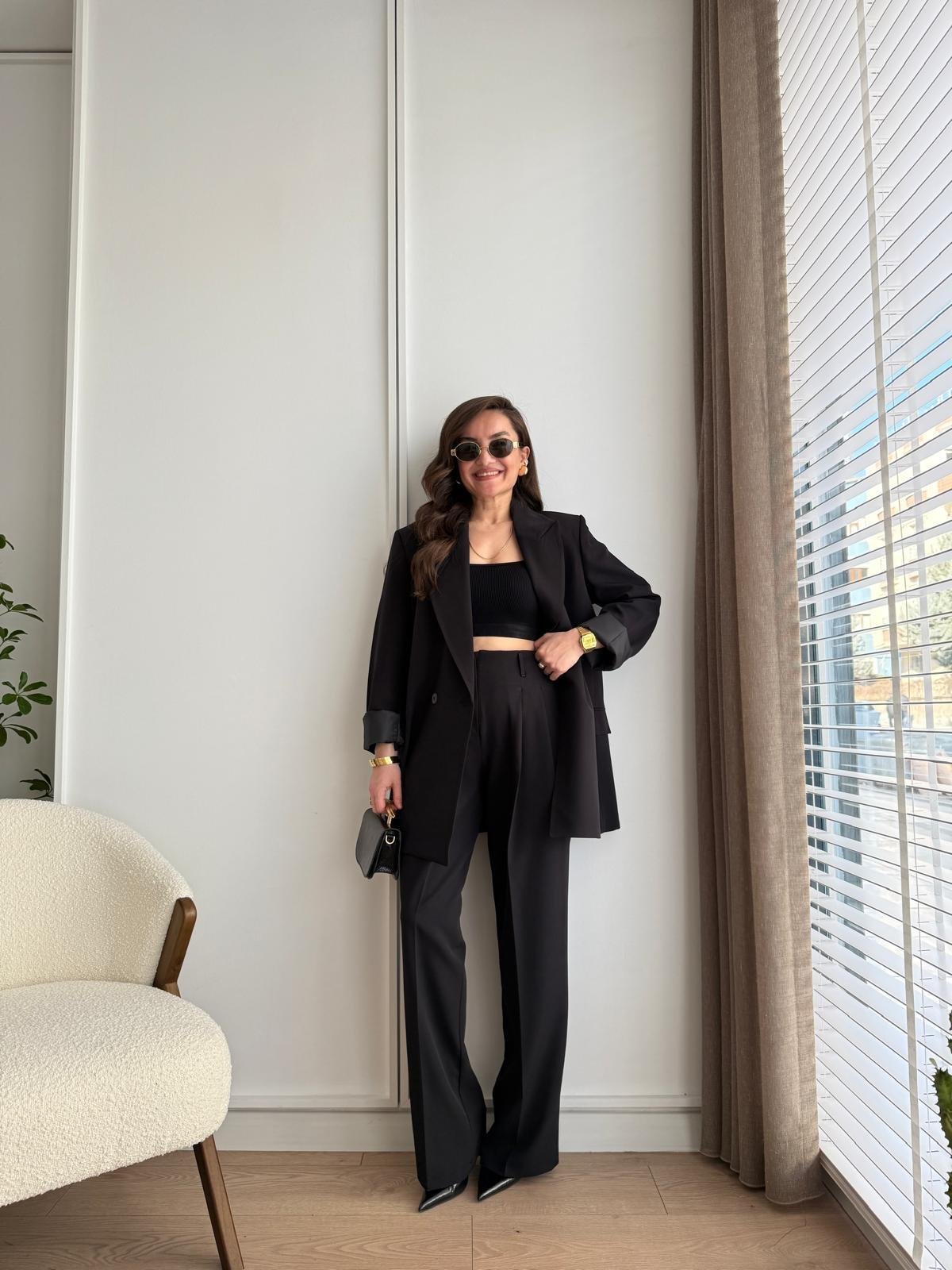Siyah Vatkalı Düğmeli Blazer Ceket Pantolon Takım 98608