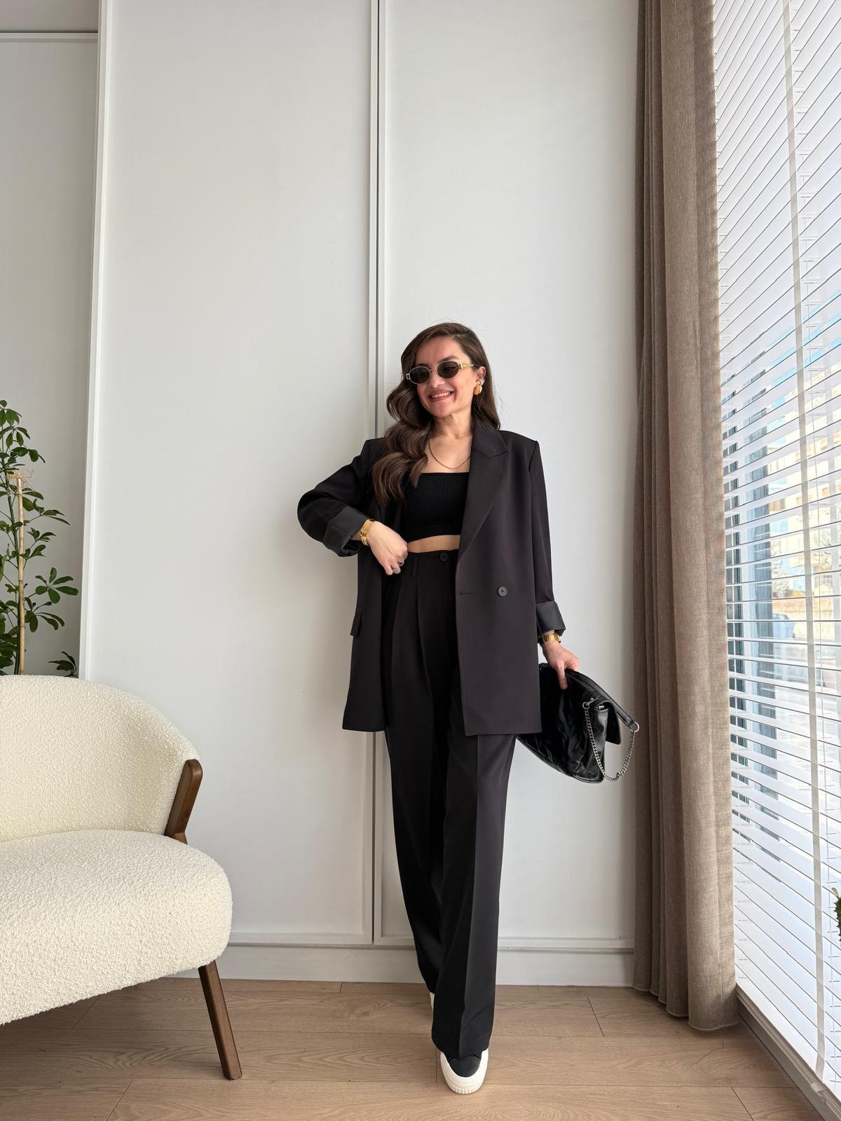Siyah Vatkalı Düğmeli Blazer Ceket Pantolon Takım 98608