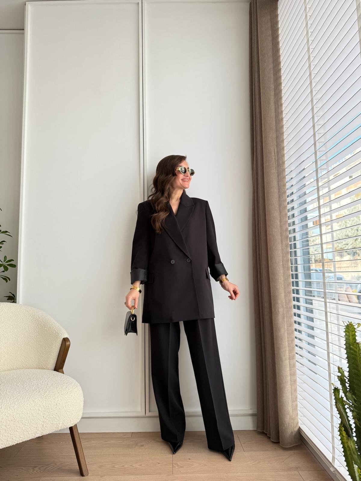 Siyah Vatkalı Düğmeli Blazer Ceket Pantolon Takım 98608