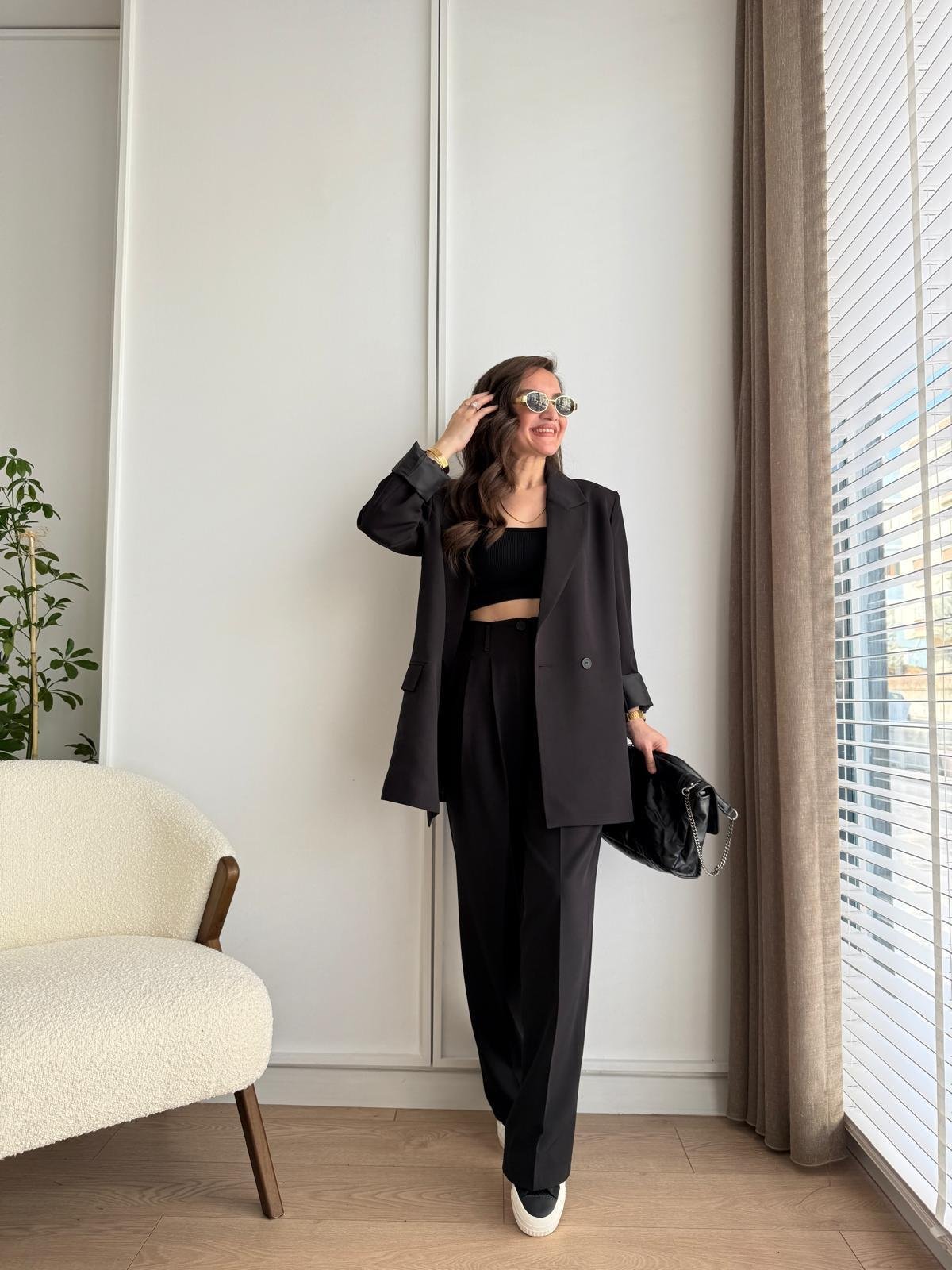Siyah Vatkalı Düğmeli Blazer Ceket Pantolon Takım 98608
