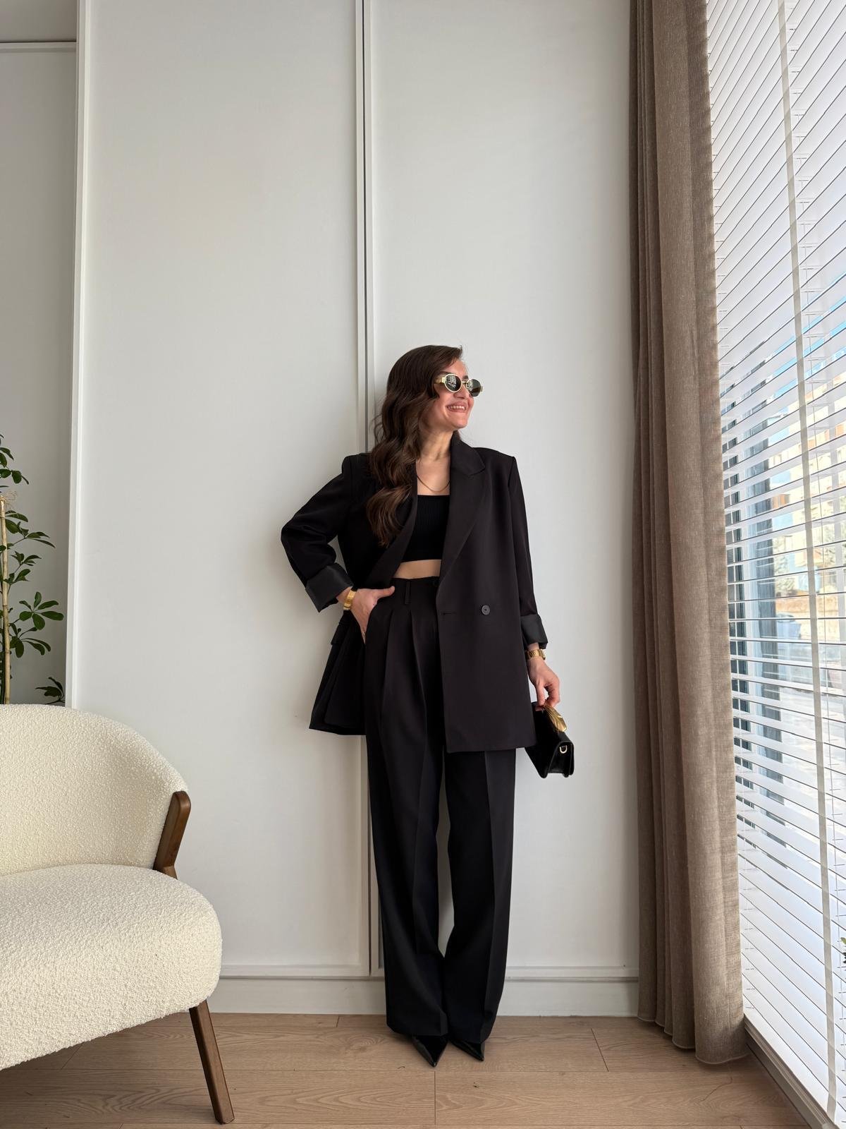 Siyah Vatkalı Düğmeli Blazer Ceket Pantolon Takım 98608