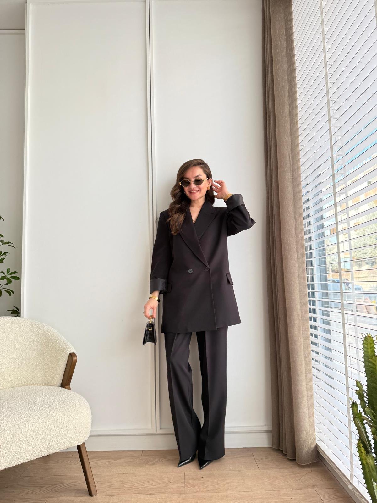 Siyah Vatkalı Düğmeli Blazer Ceket Pantolon Takım 98608