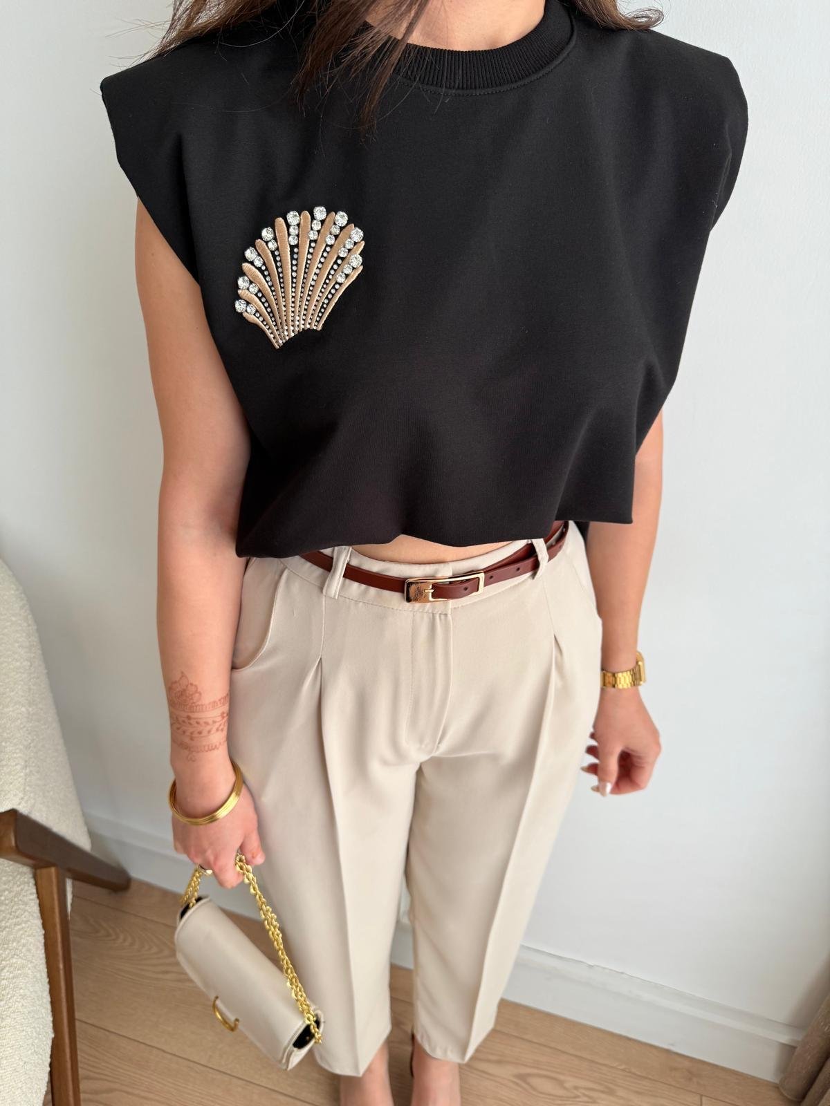Siyah Vatkalı Taş İşlemeli Tshirt 36009