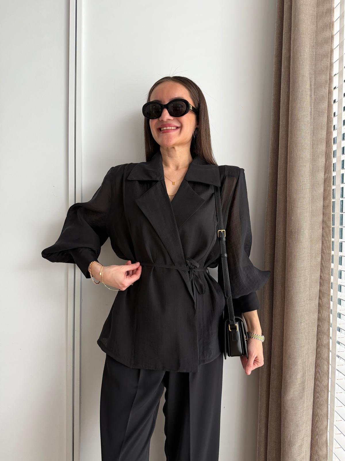 Siyah Vatkalı Transparan Kimono Gömlek 5029