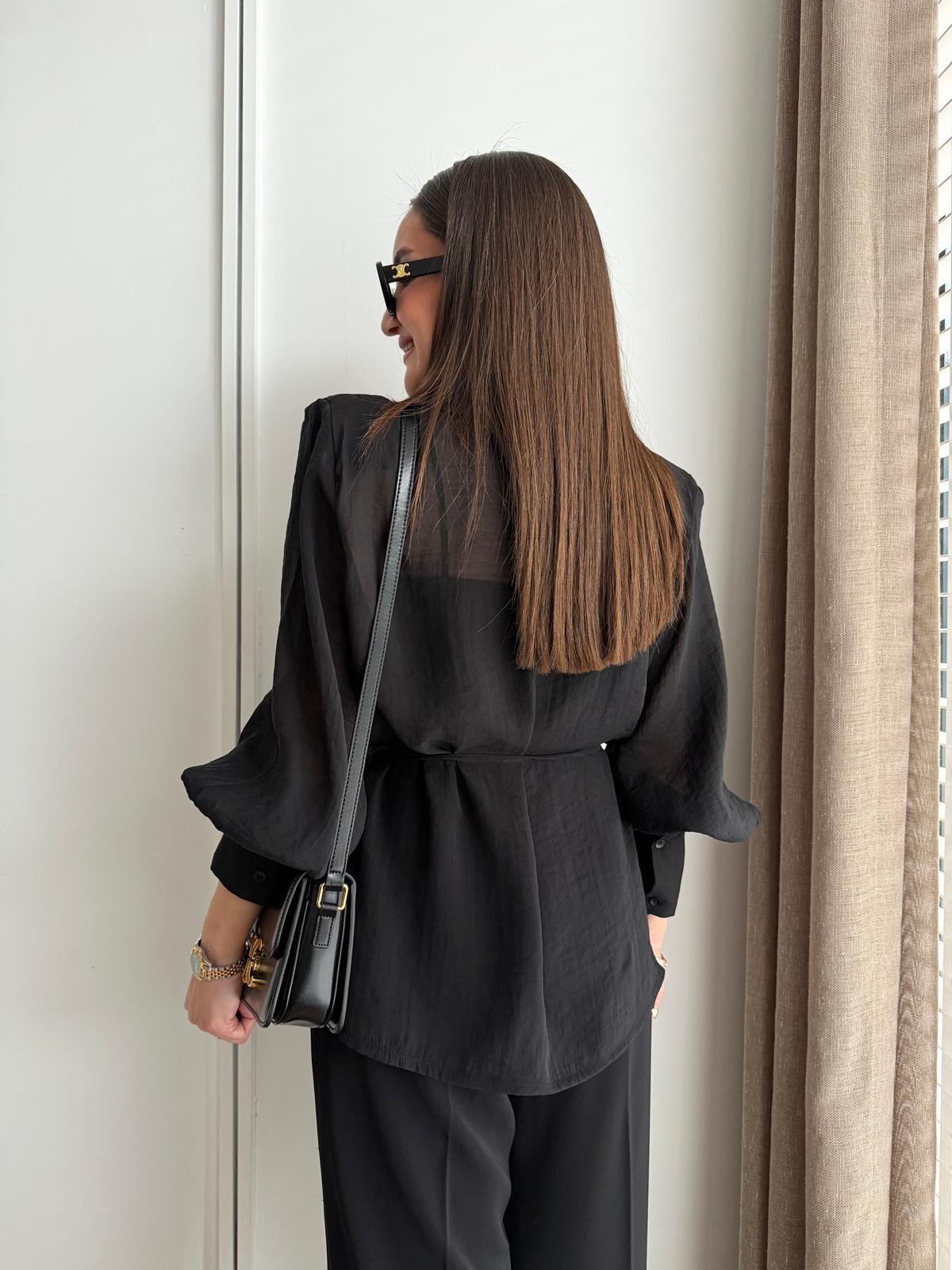 Siyah Vatkalı Transparan Kimono Gömlek 5029