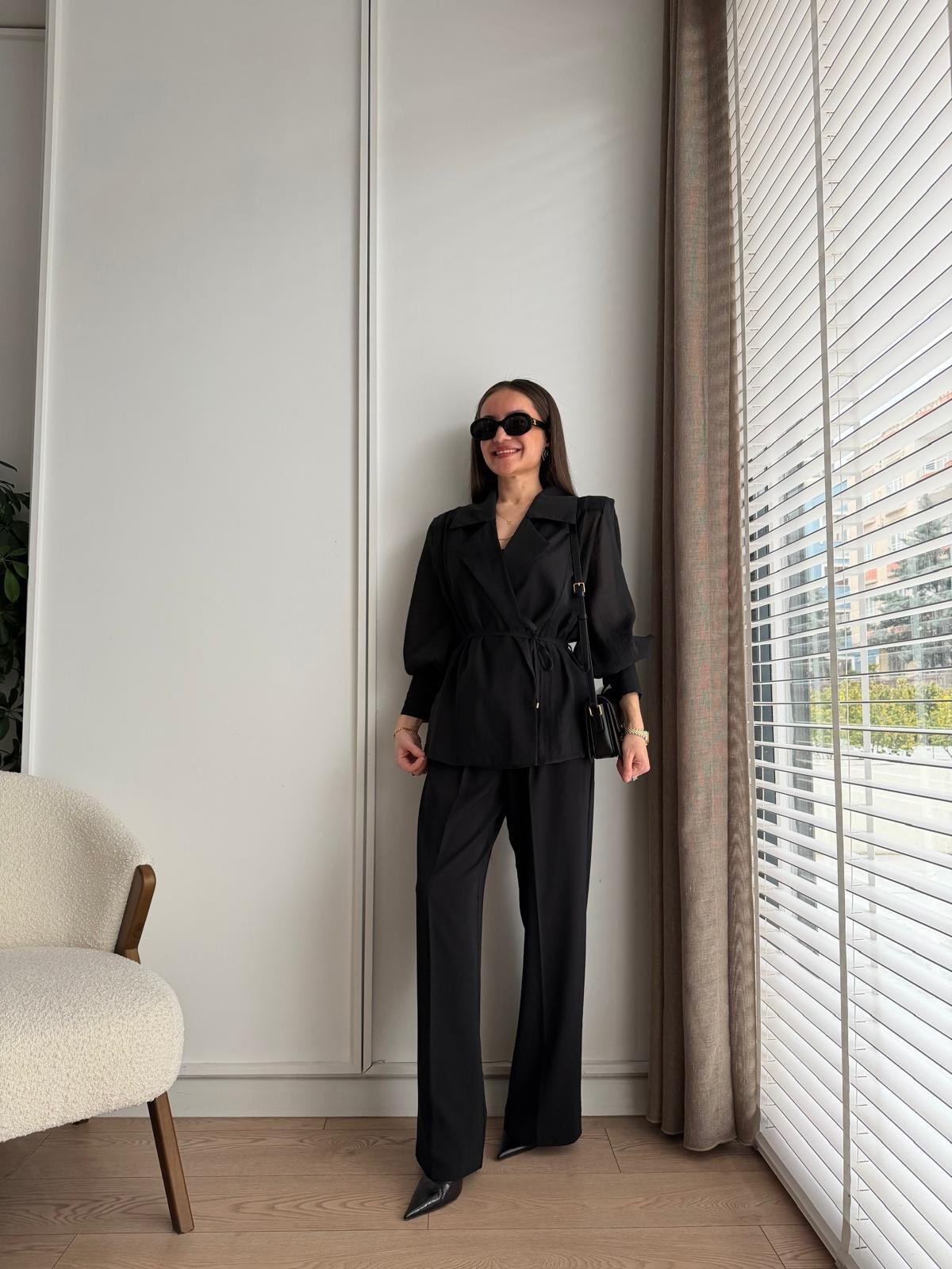 Siyah Vatkalı Transparan Kimono Gömlek 5029