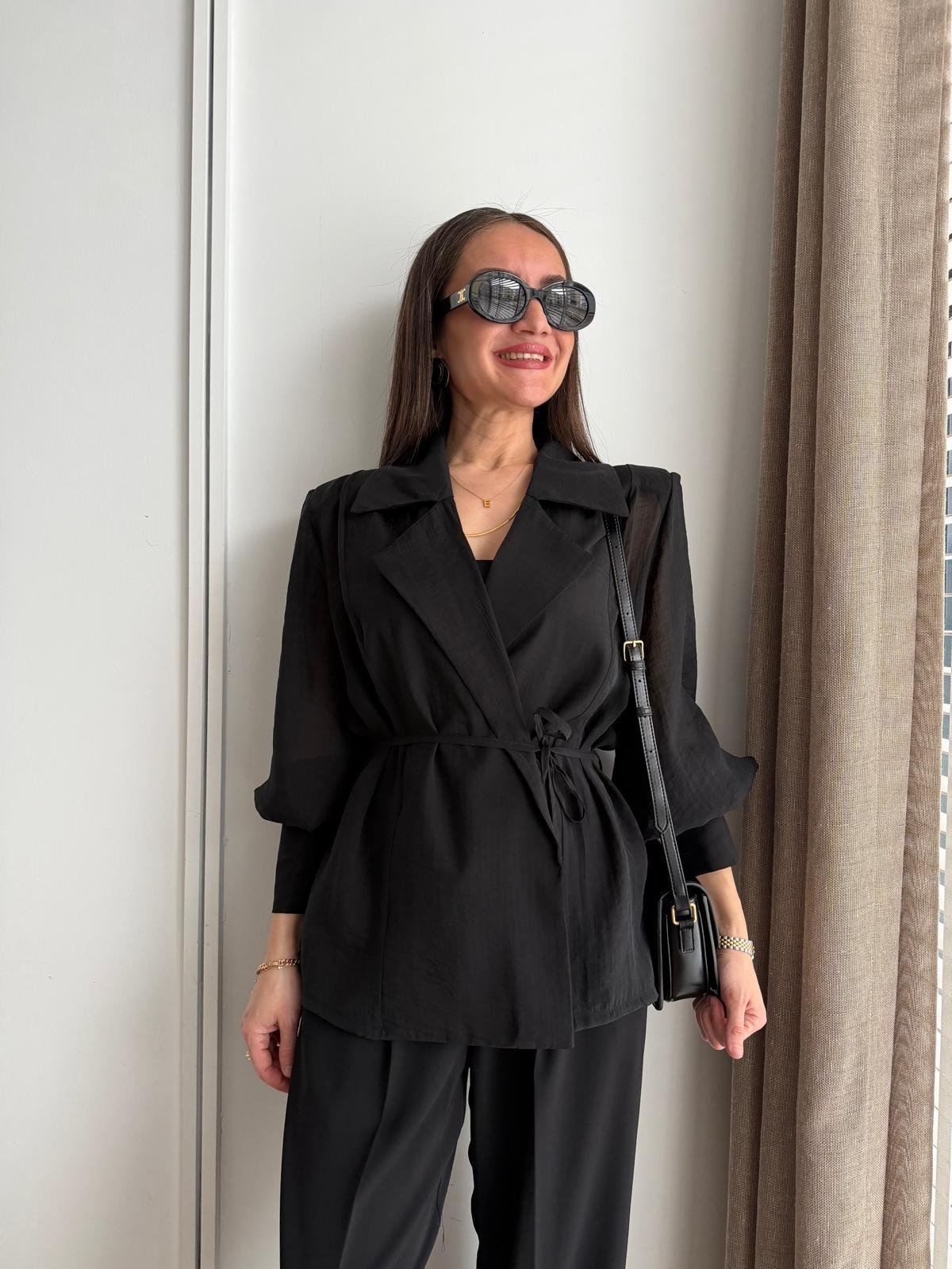 Siyah Vatkalı Transparan Kimono Gömlek 5029