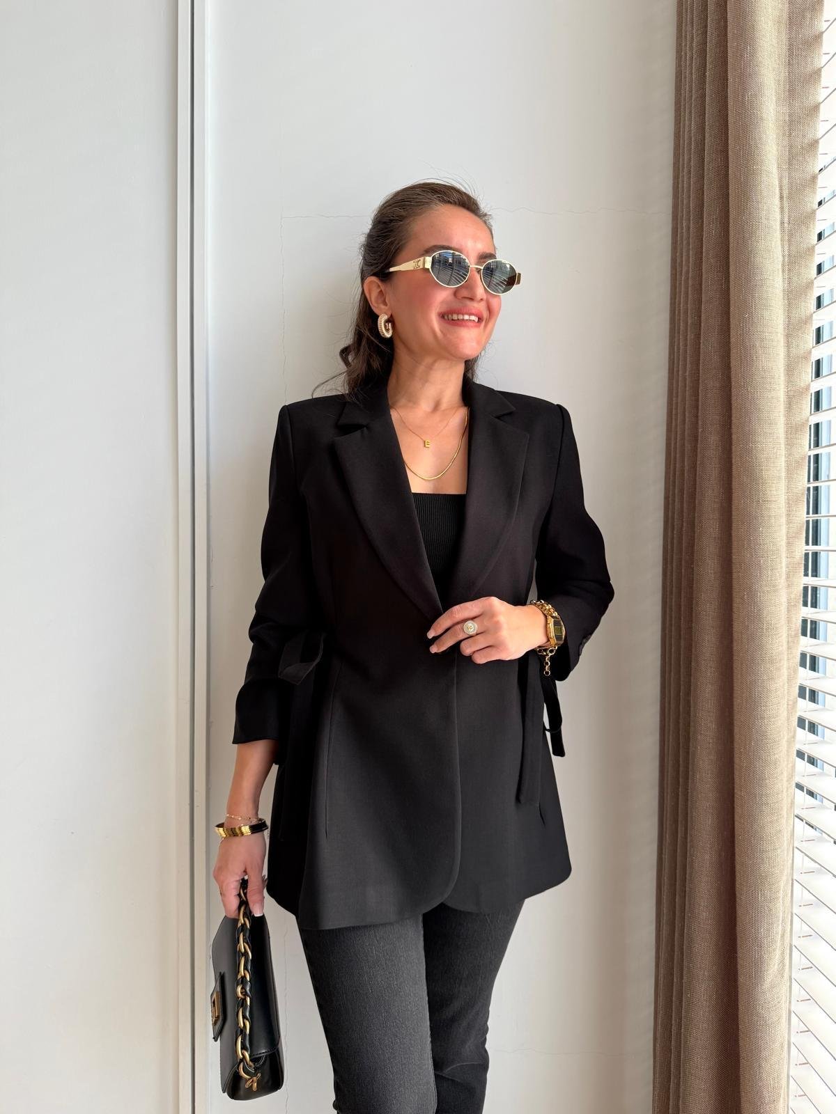 Siyah Yan Bağlamalı Blazer Ceket 7547