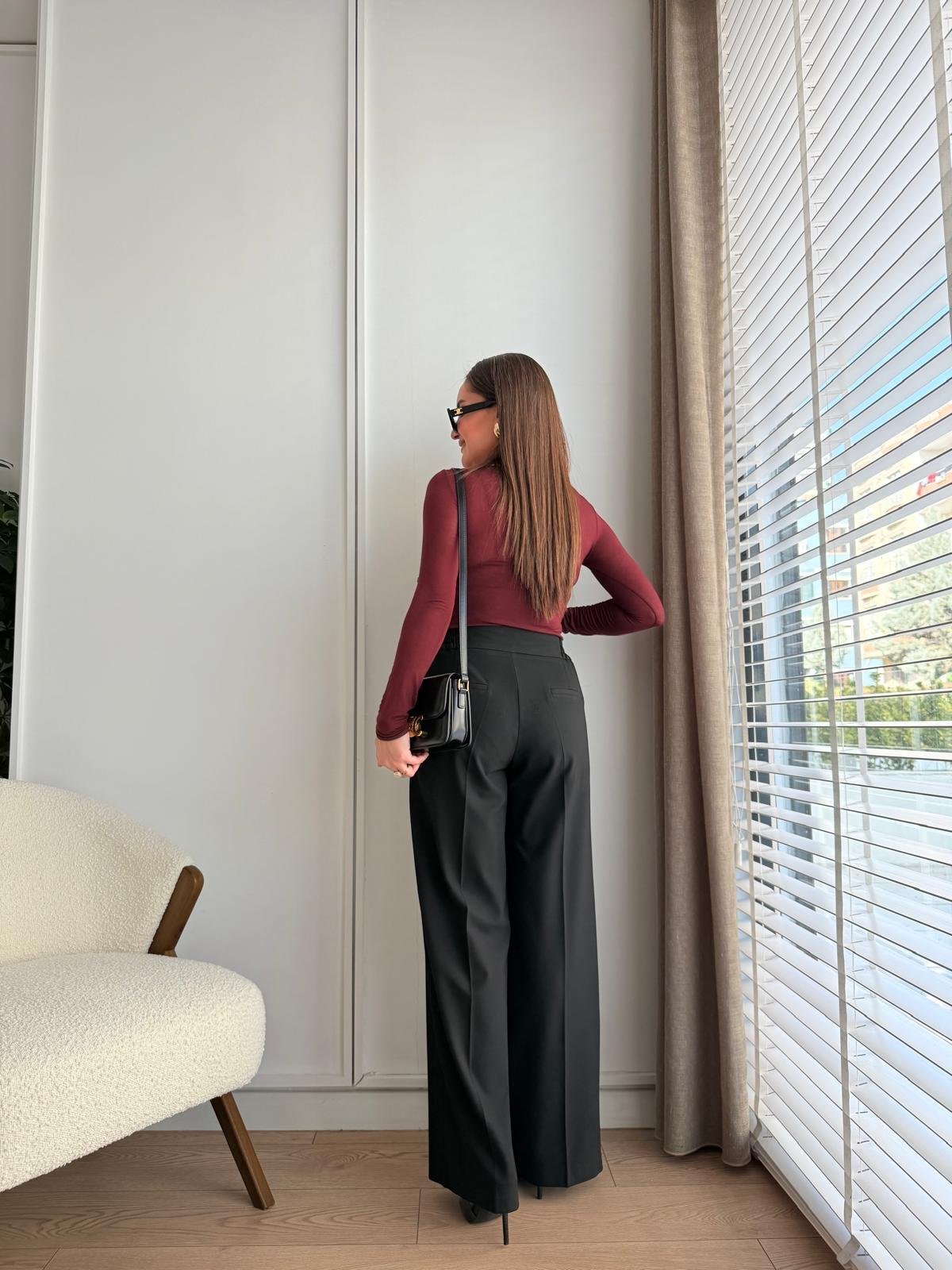 Siyah Yandan Lastikli Çift Düğmeli Palazzo Pantolon 9005