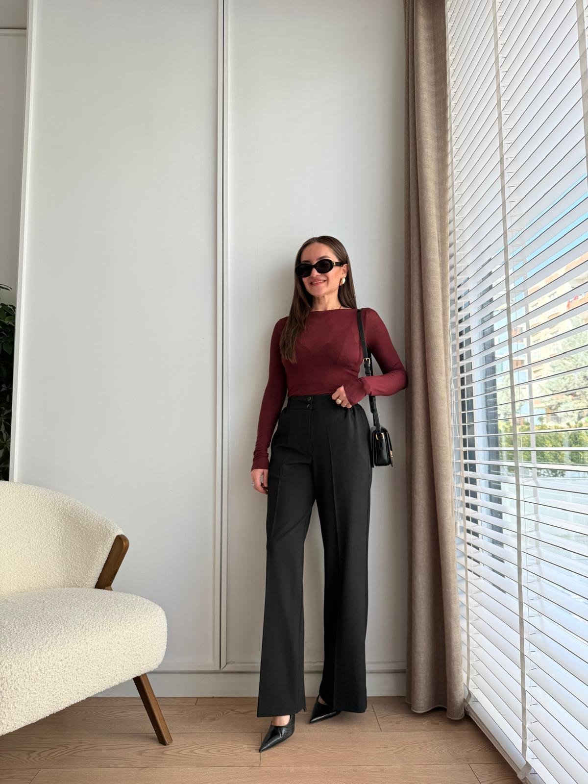 Siyah Yandan Lastikli Çift Düğmeli Palazzo Pantolon 9005