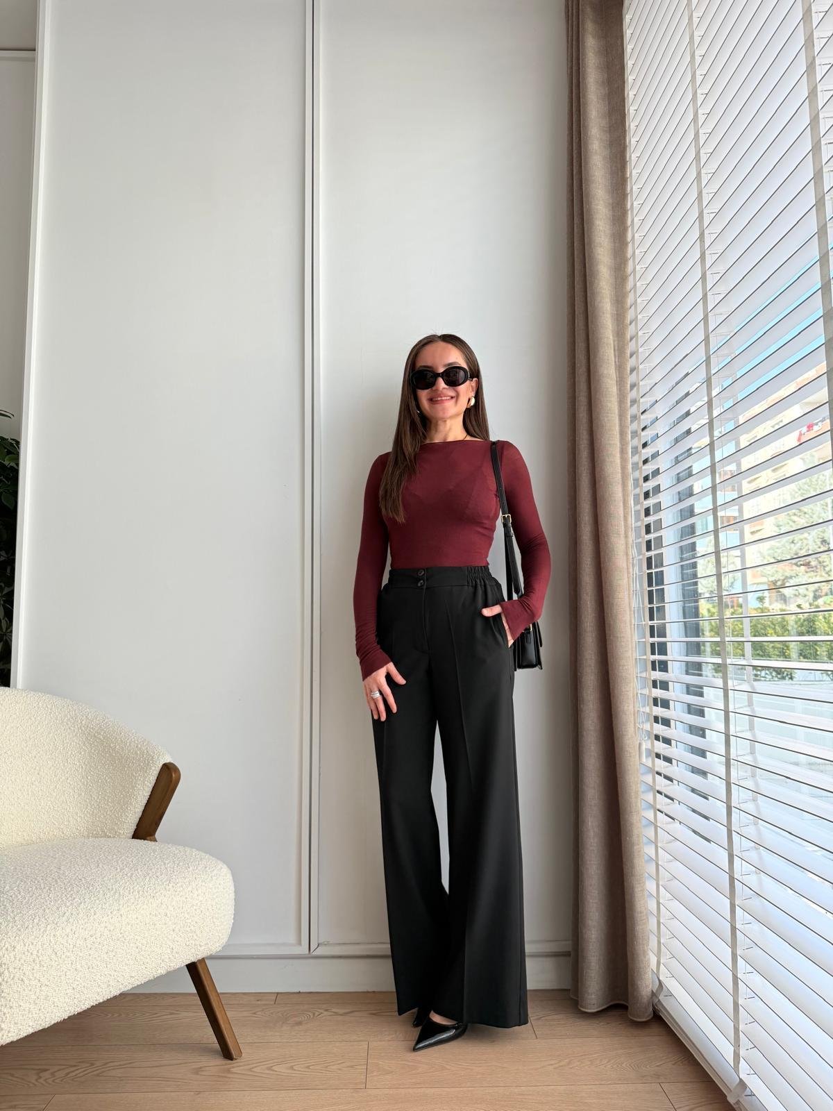 Siyah Yandan Lastikli Çift Düğmeli Palazzo Pantolon 9005
