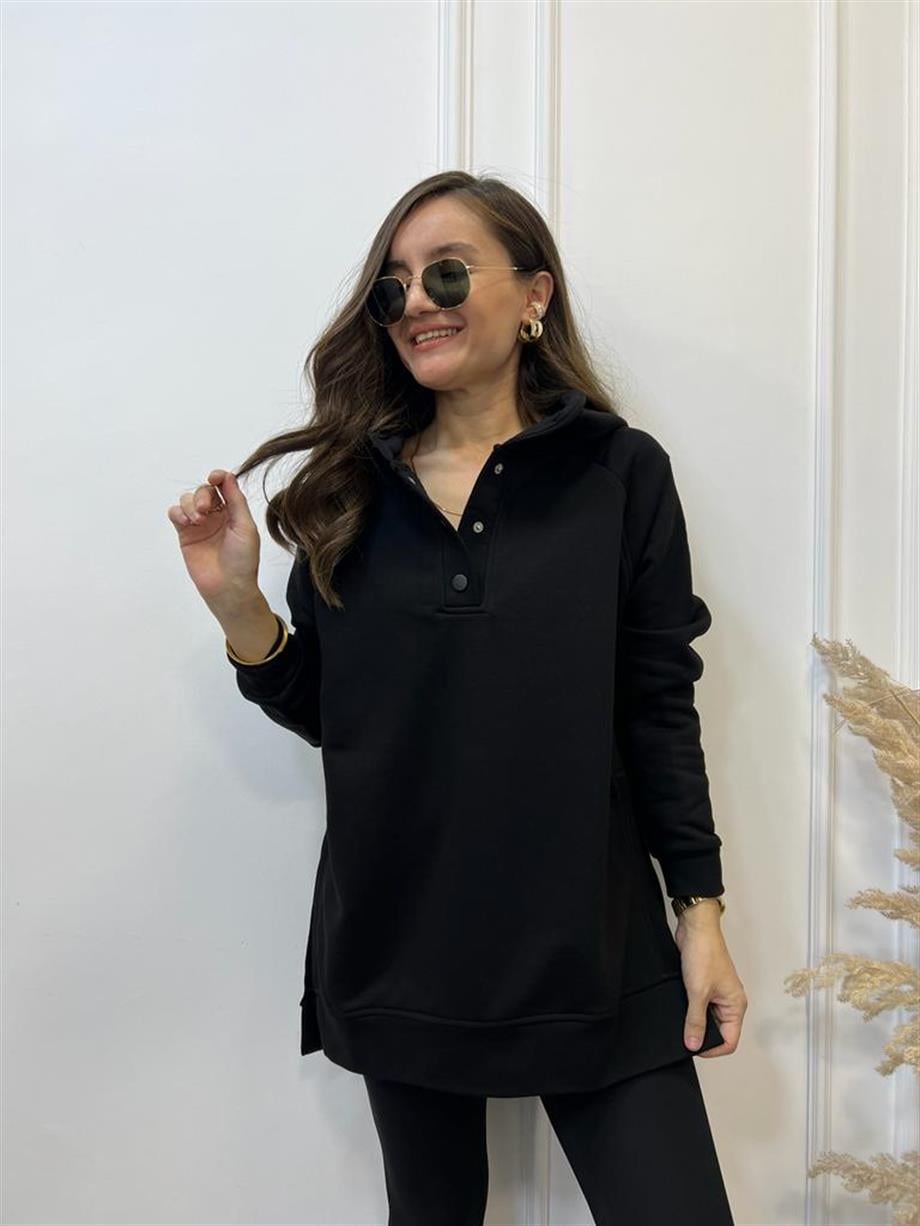 Siyah Yandan Yırtmaçlı Çıtçıtlı Kapüşonlu Sweatshirt 5048