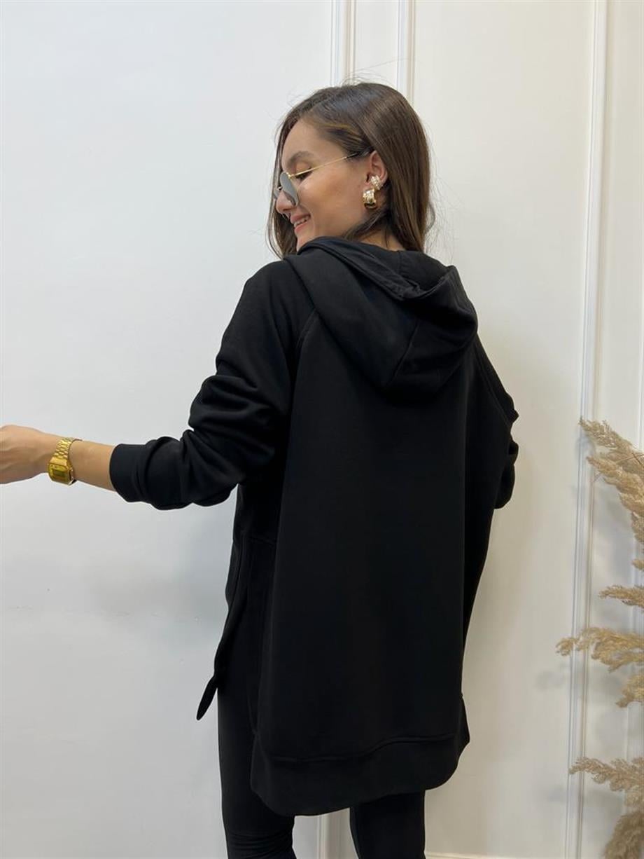 Siyah Yandan Yırtmaçlı Çıtçıtlı Kapüşonlu Sweatshirt 5048