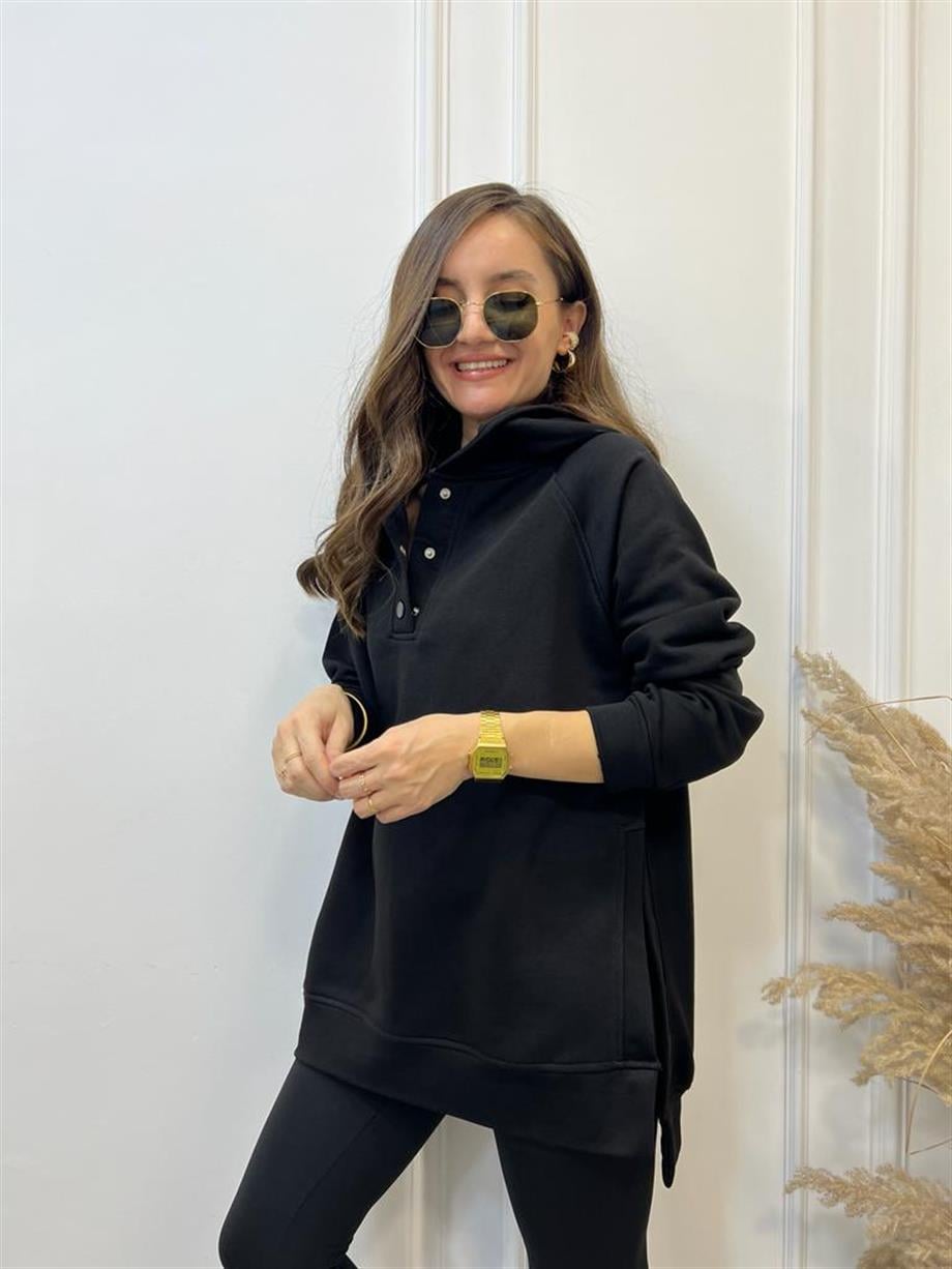Siyah Yandan Yırtmaçlı Çıtçıtlı Kapüşonlu Sweatshirt 5048