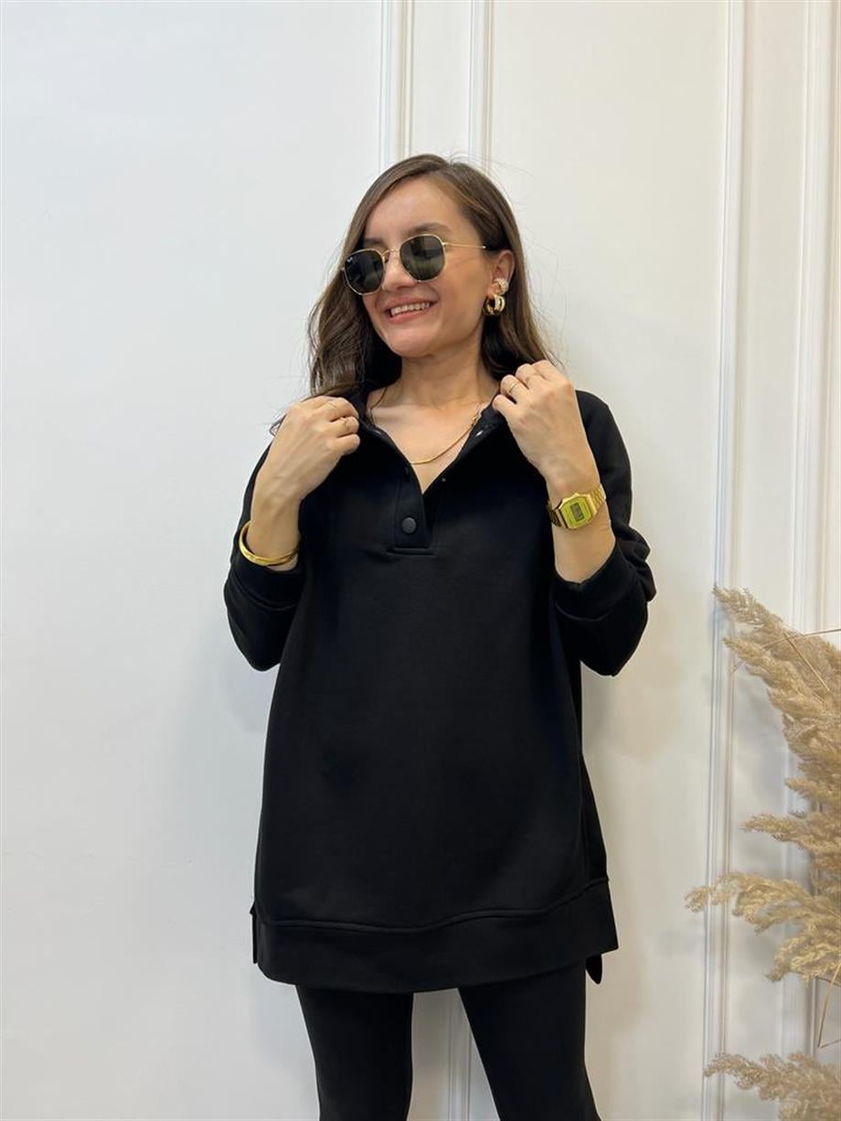 Siyah Yandan Yırtmaçlı Çıtçıtlı Kapüşonlu Sweatshirt 5048