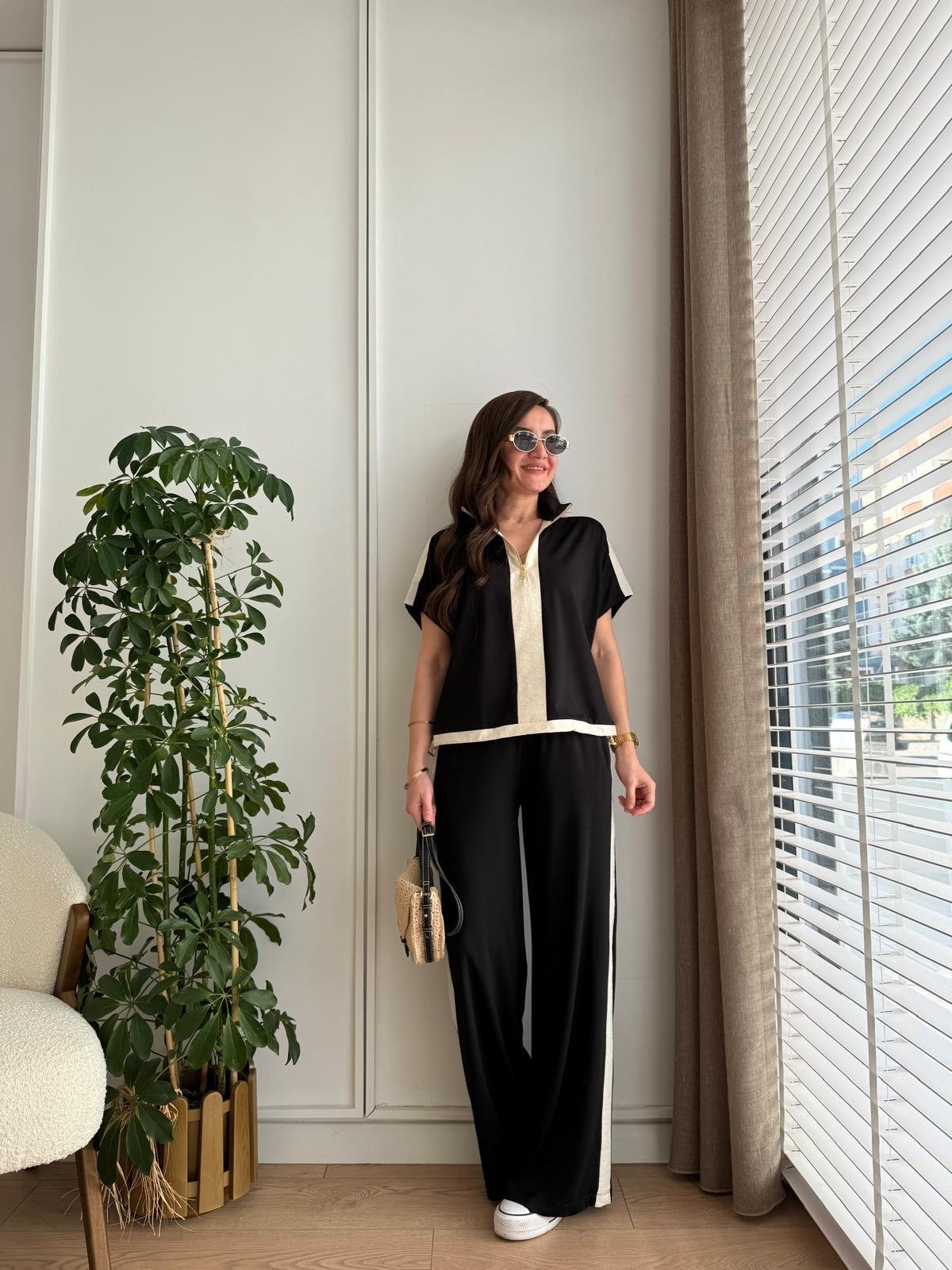 Siyah Yarım Fermuarlı Alt Büzgülü Modal Takım 36497