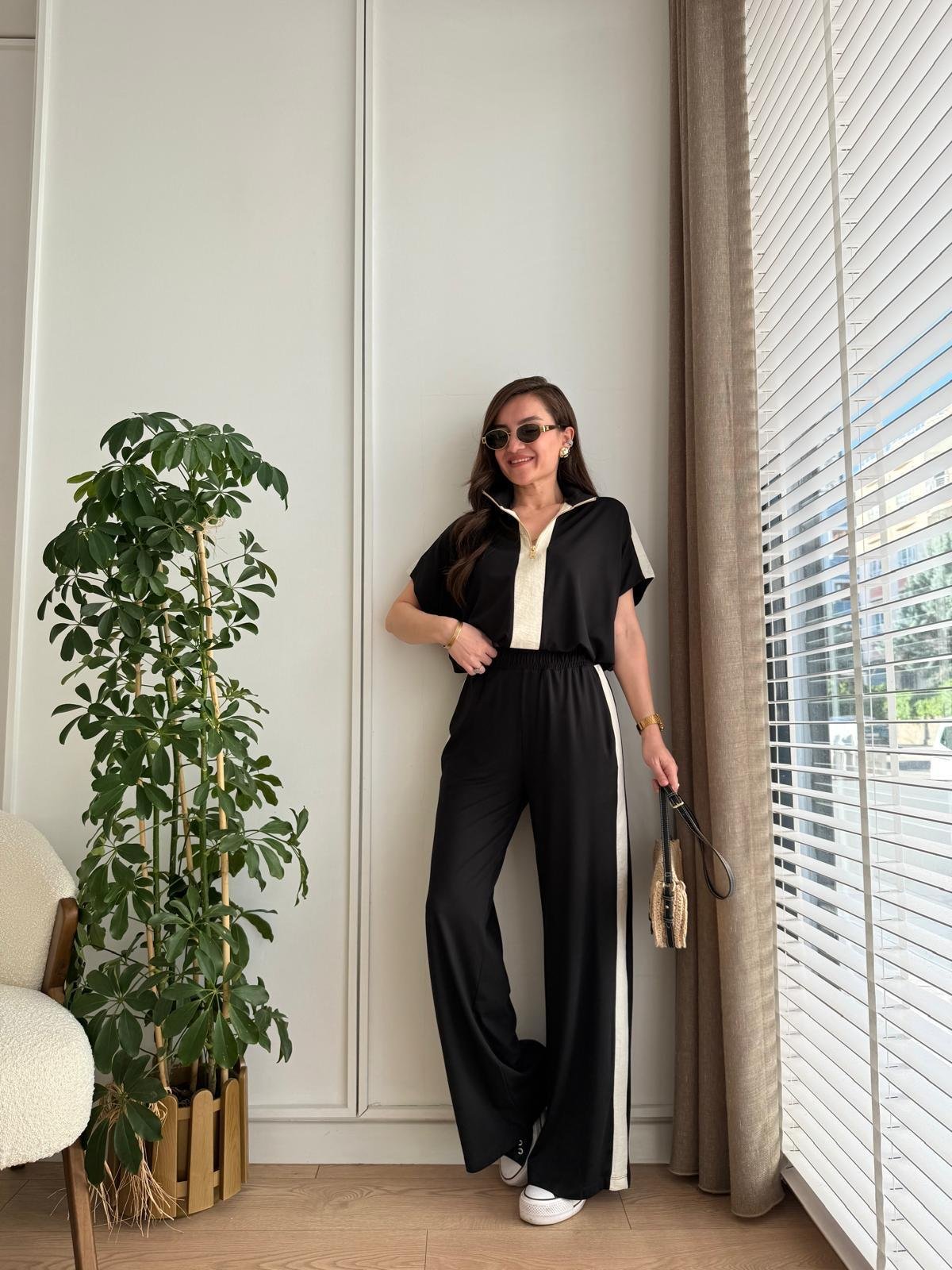 Siyah Yarım Fermuarlı Alt Büzgülü Modal Takım 36497