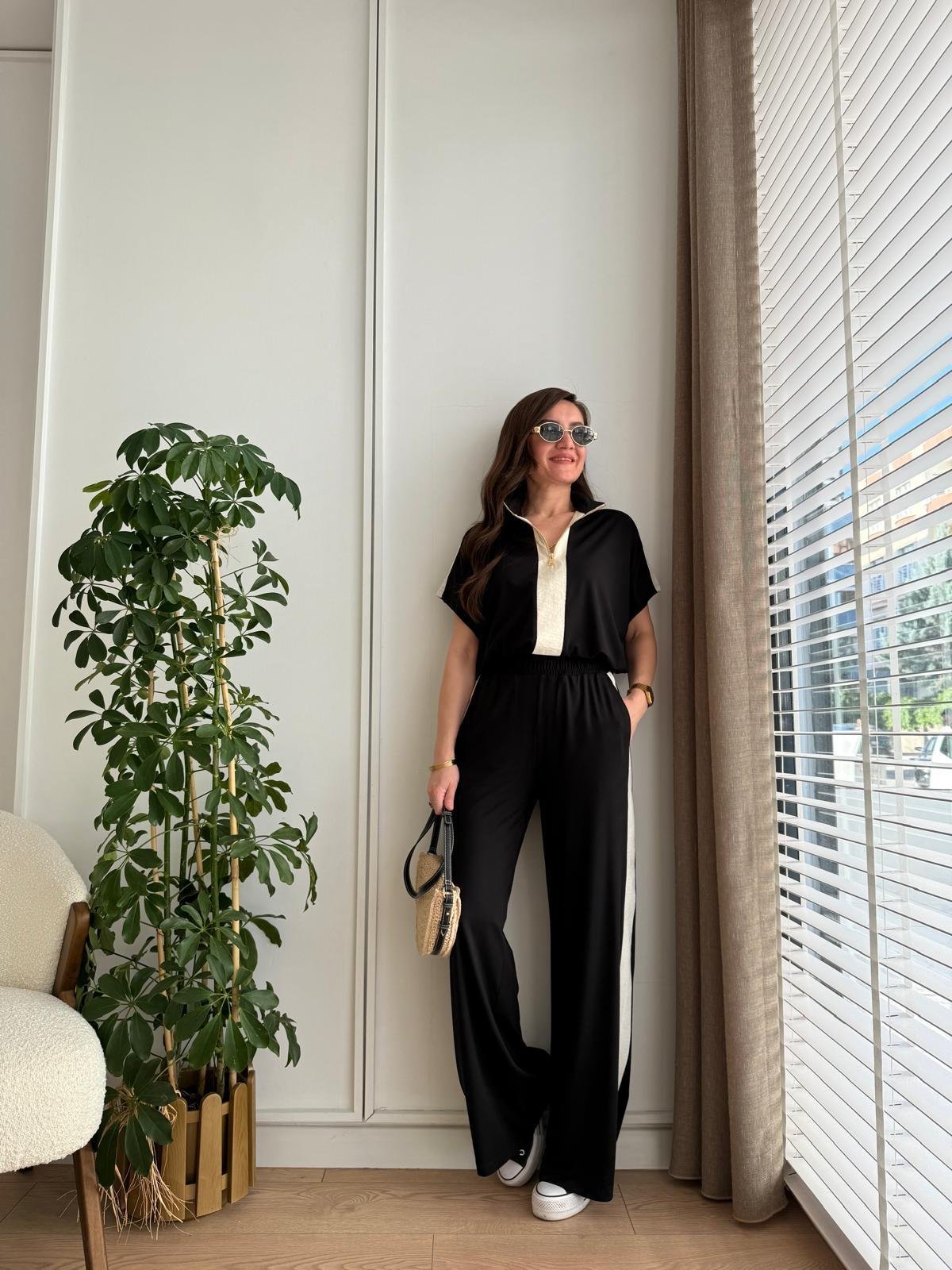 Siyah Yarım Fermuarlı Alt Büzgülü Modal Takım 36497
