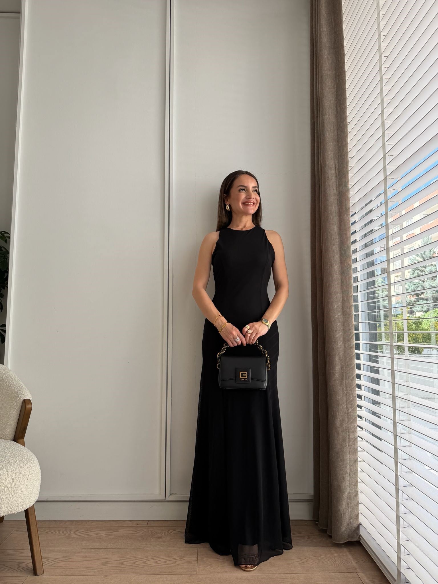 Siyah Yırtmaç Detaylı Tül Elbise 251657
