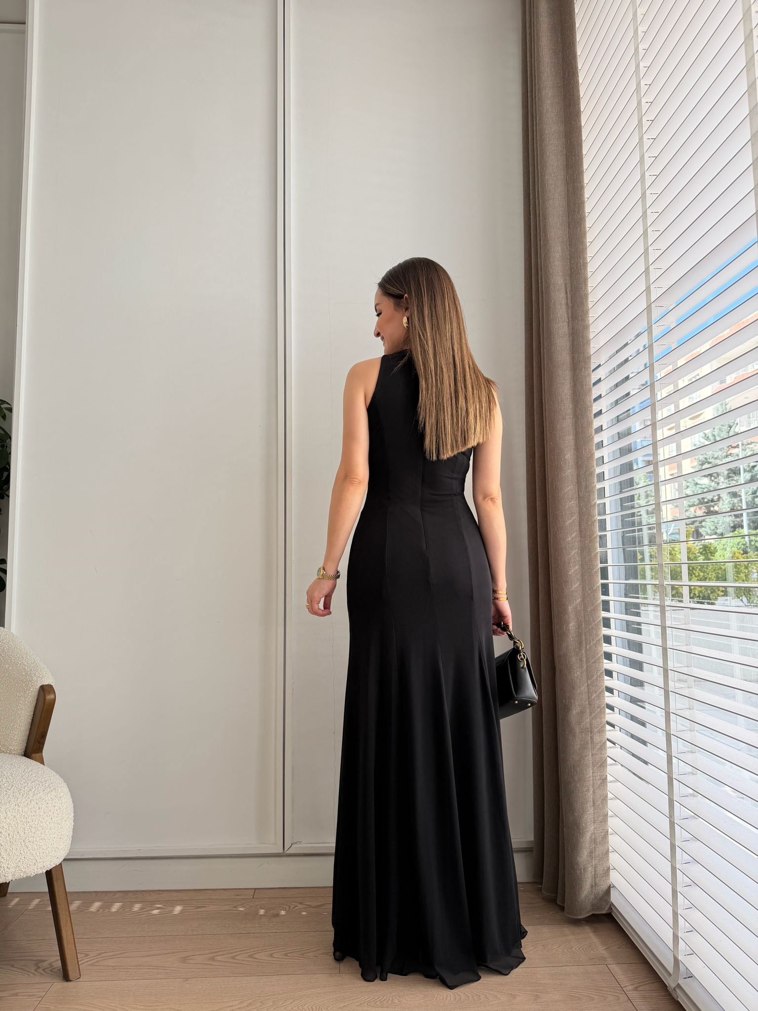Siyah Yırtmaç Detaylı Tül Elbise 251657
