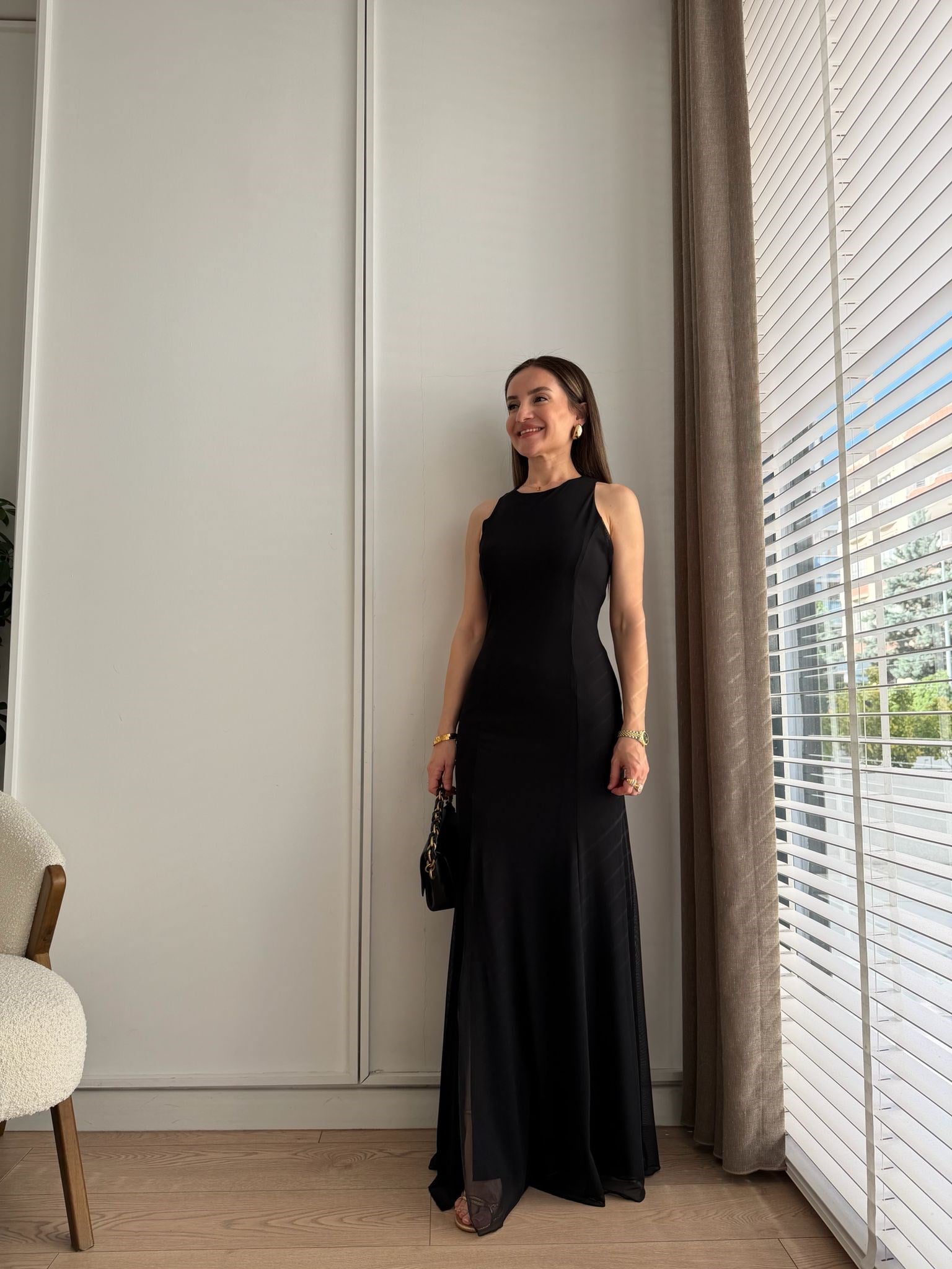 Siyah Yırtmaç Detaylı Tül Elbise 251657