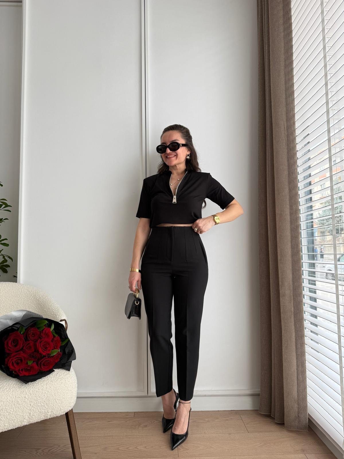 Siyah Yüksek Bel Önü Flotalı Kumaş Pantolon Karol 5113