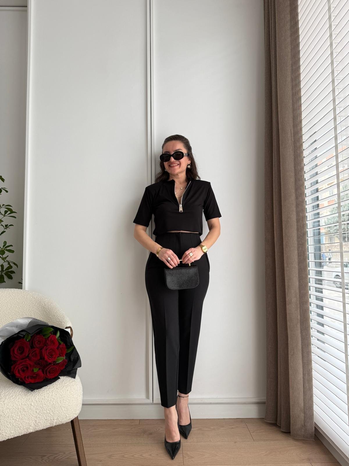 Siyah Yüksek Bel Önü Flotalı Kumaş Pantolon Karol 5113