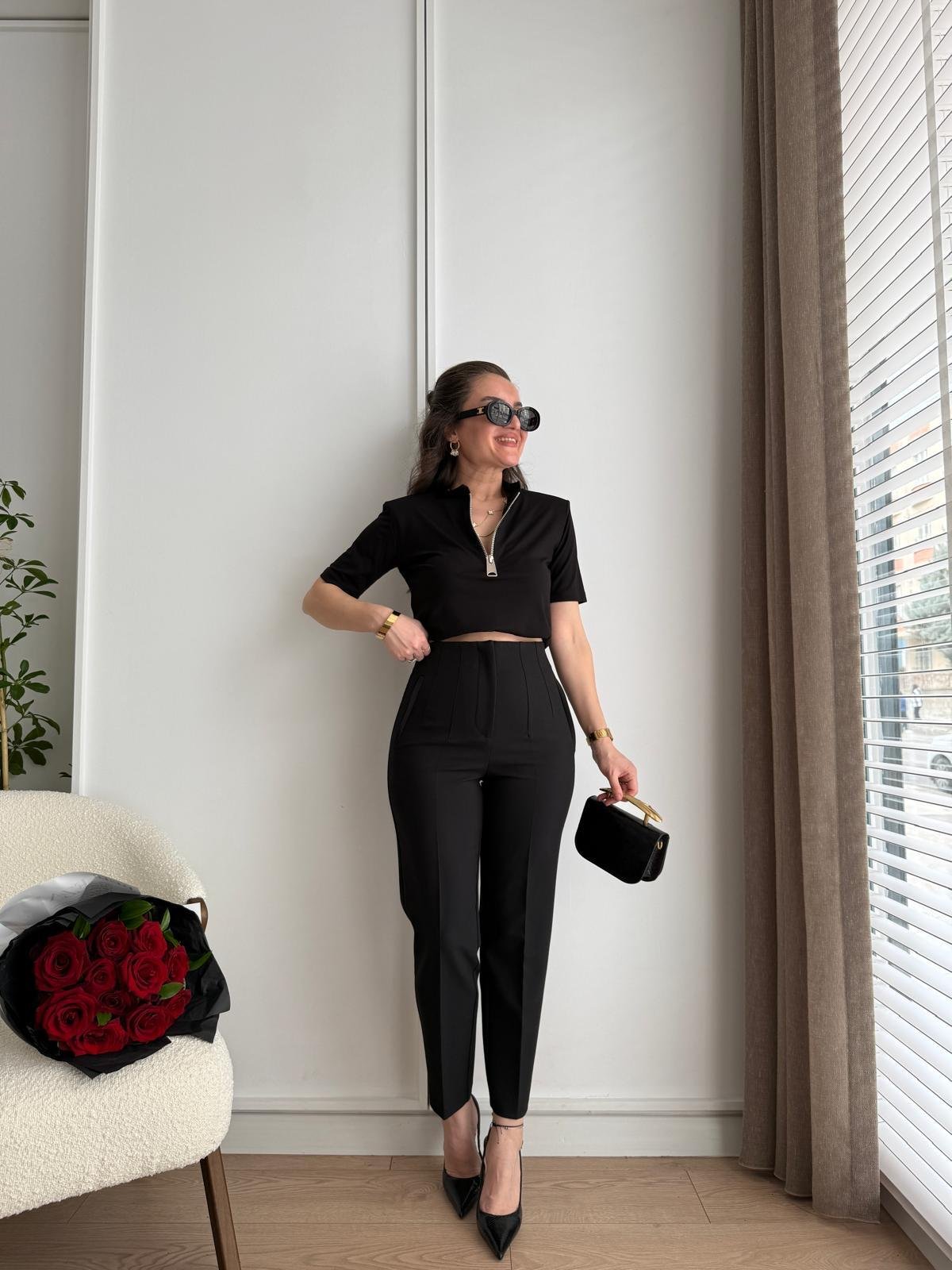 Siyah Yüksek Bel Önü Flotalı Kumaş Pantolon Karol 5113