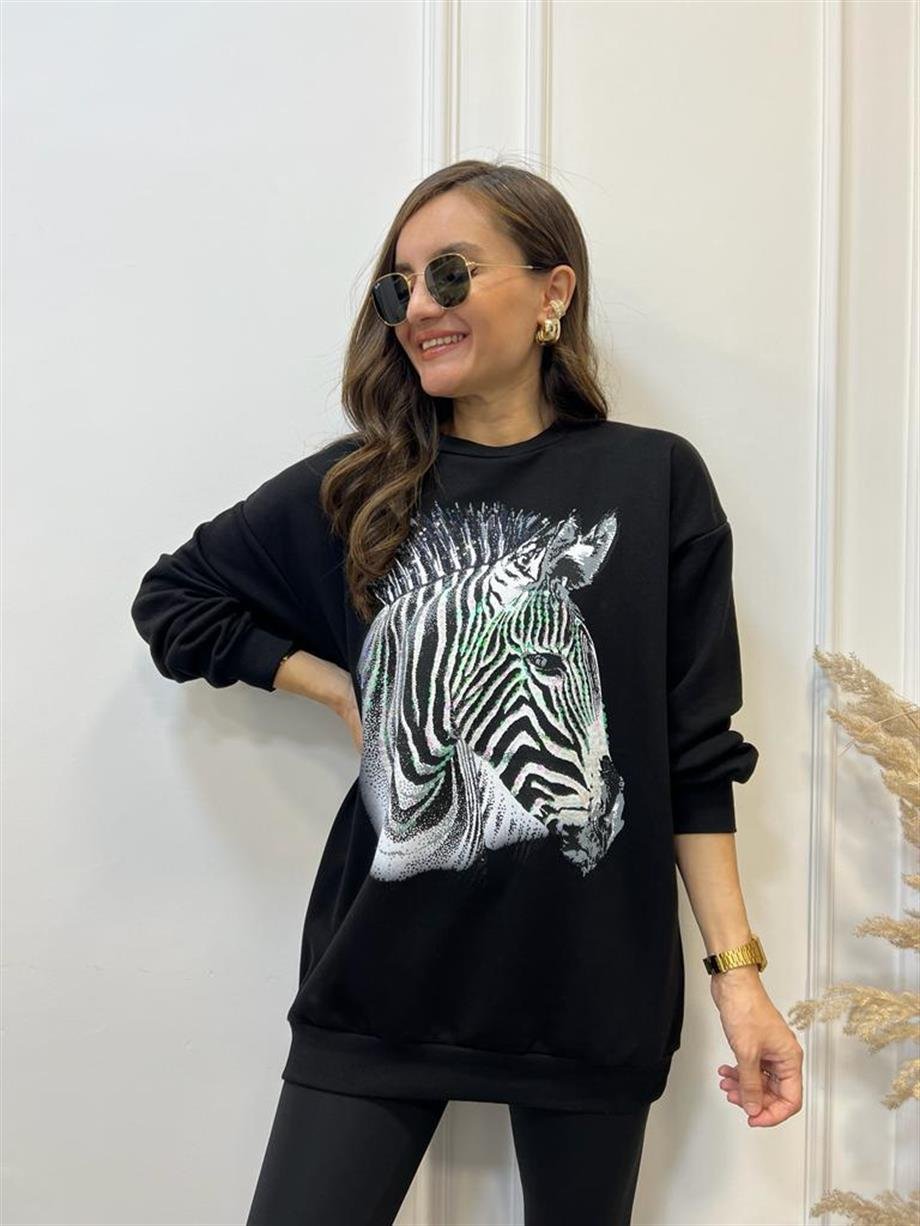 Siyah Zebra Baskılı Bisiklet Yaka Sweatshirt 5093