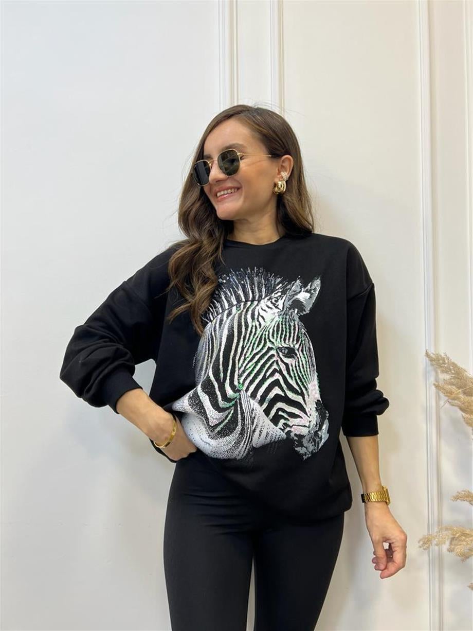 Siyah Zebra Baskılı Bisiklet Yaka Sweatshirt 5093