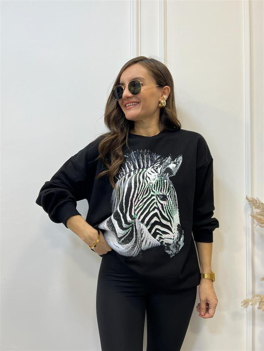Siyah Zebra Baskılı Bisiklet Yaka Sweatshirt 5093