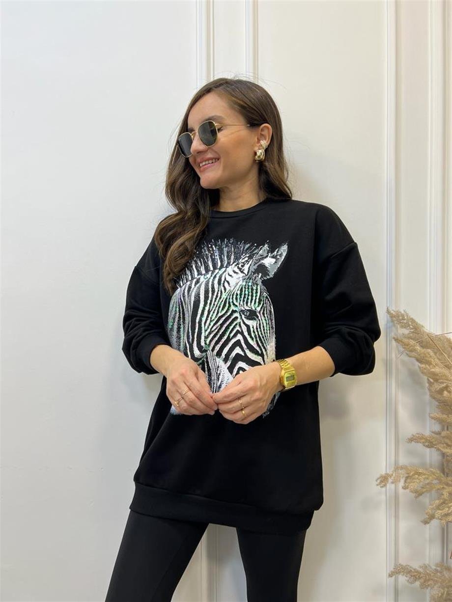 Siyah Zebra Baskılı Bisiklet Yaka Sweatshirt 5093