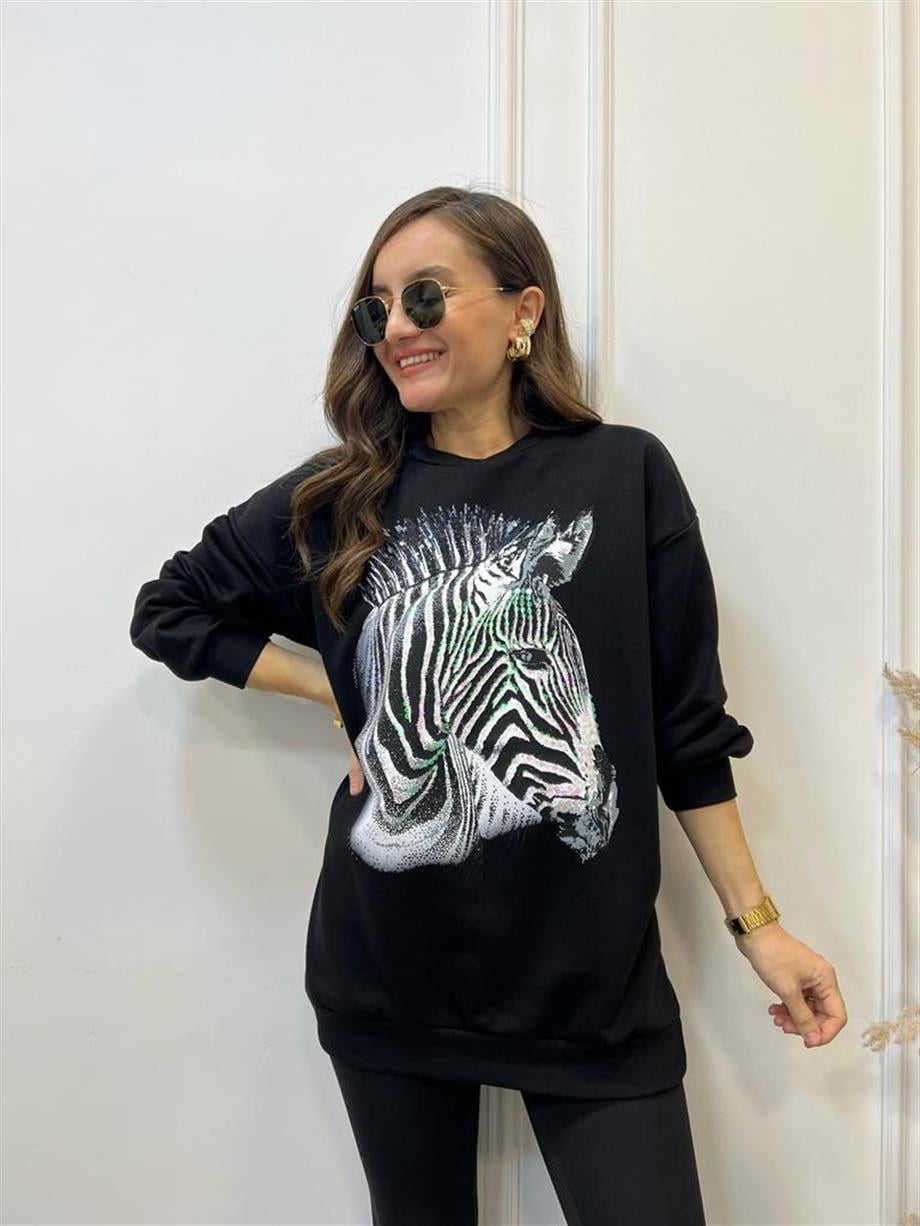 Siyah Zebra Baskılı Bisiklet Yaka Sweatshirt 5093