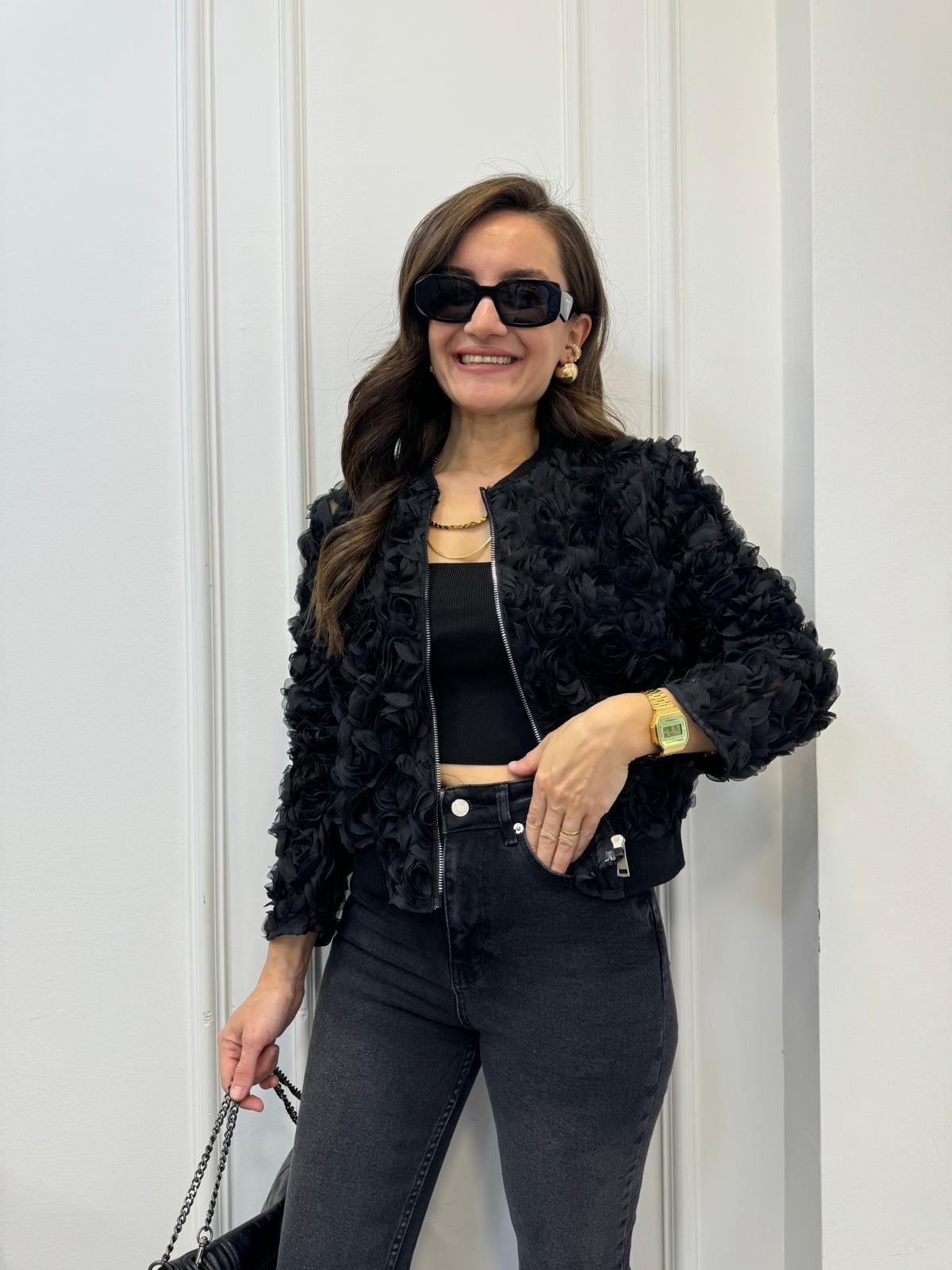 Siyah ZRA Model Tasarım Gül Detaylı Ceket 35339