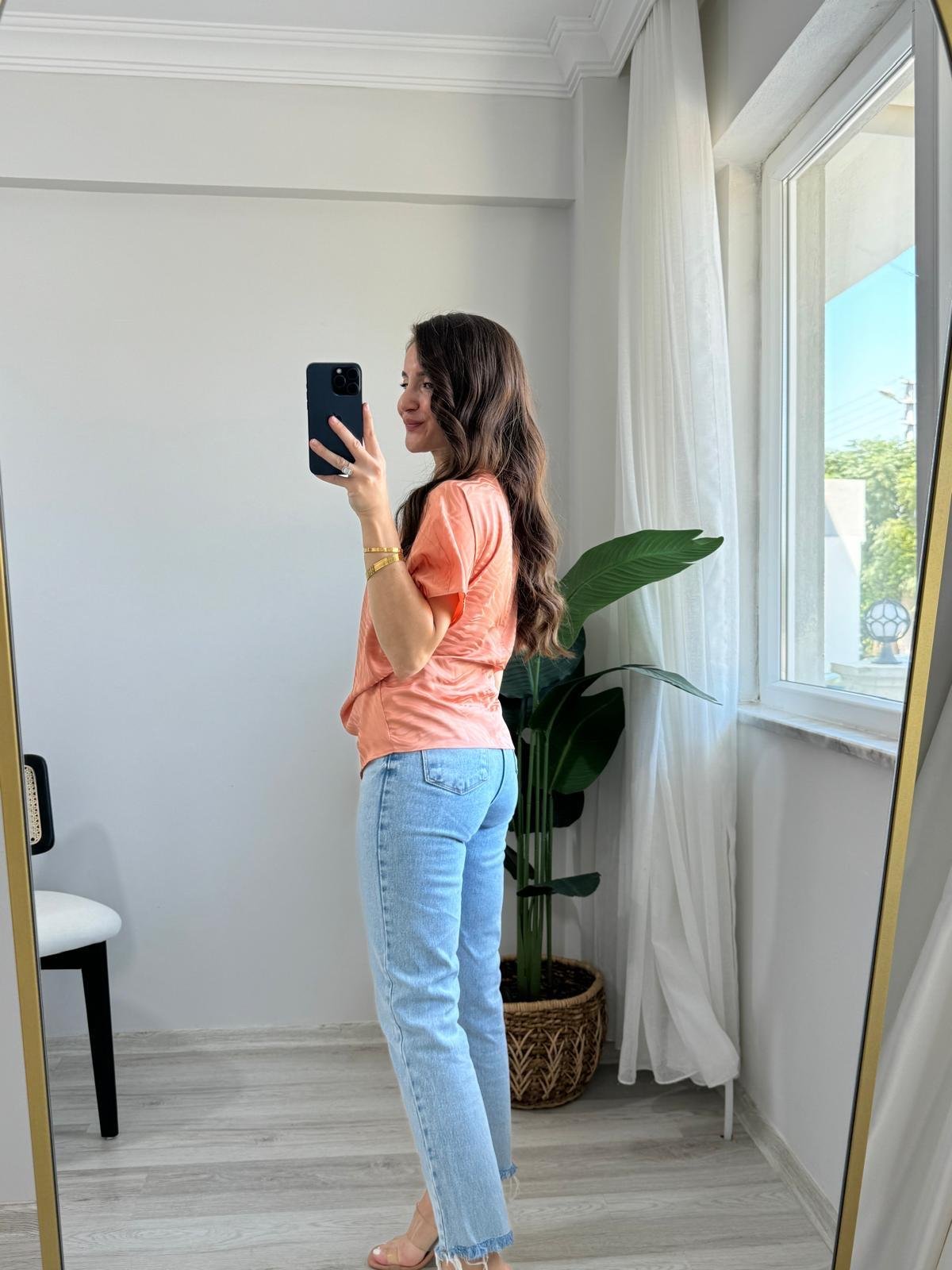 Somon Kruvaze Zebra Desen Yan Bağlamalı Saten Bluz 1221