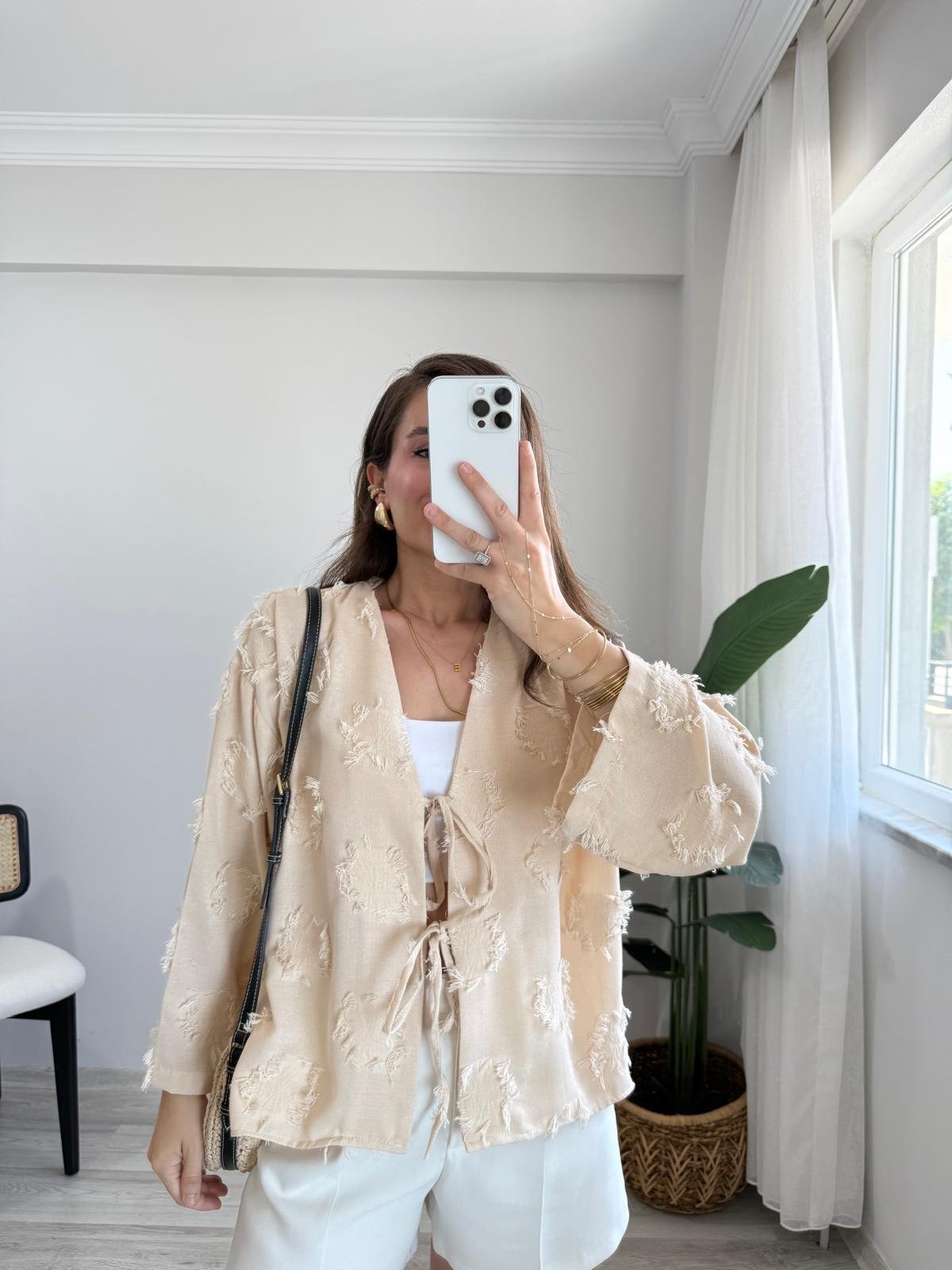 Somon Püskül Detaylı Ön Bağlamalı Kimono 7012